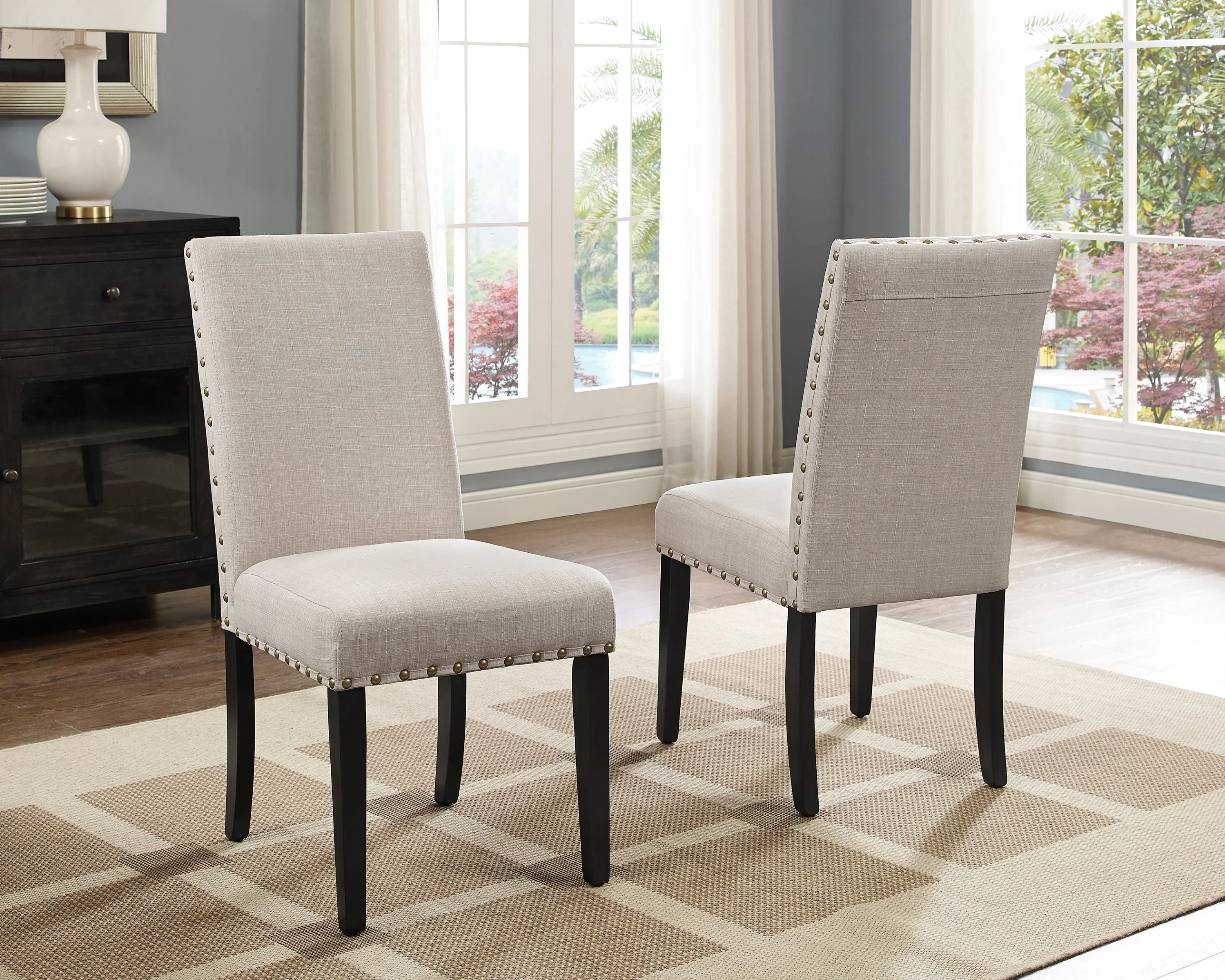 Biony Espresso Wood Dining Set with Tan Fabric Nailhead Chairs - Image 6