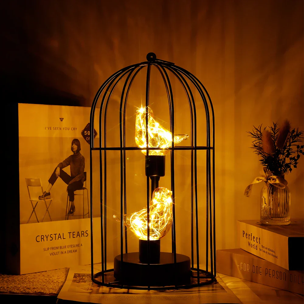 Birdcage Table Lamp Battery Operated Cordless Fairy Light Bird LED Home Decor - Image 2