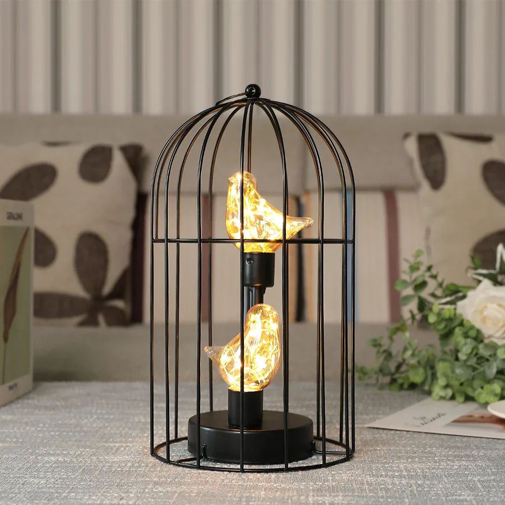 Birdcage Table Lamp Battery Operated Cordless Fairy Light Bird LED Home Decor - Image 4