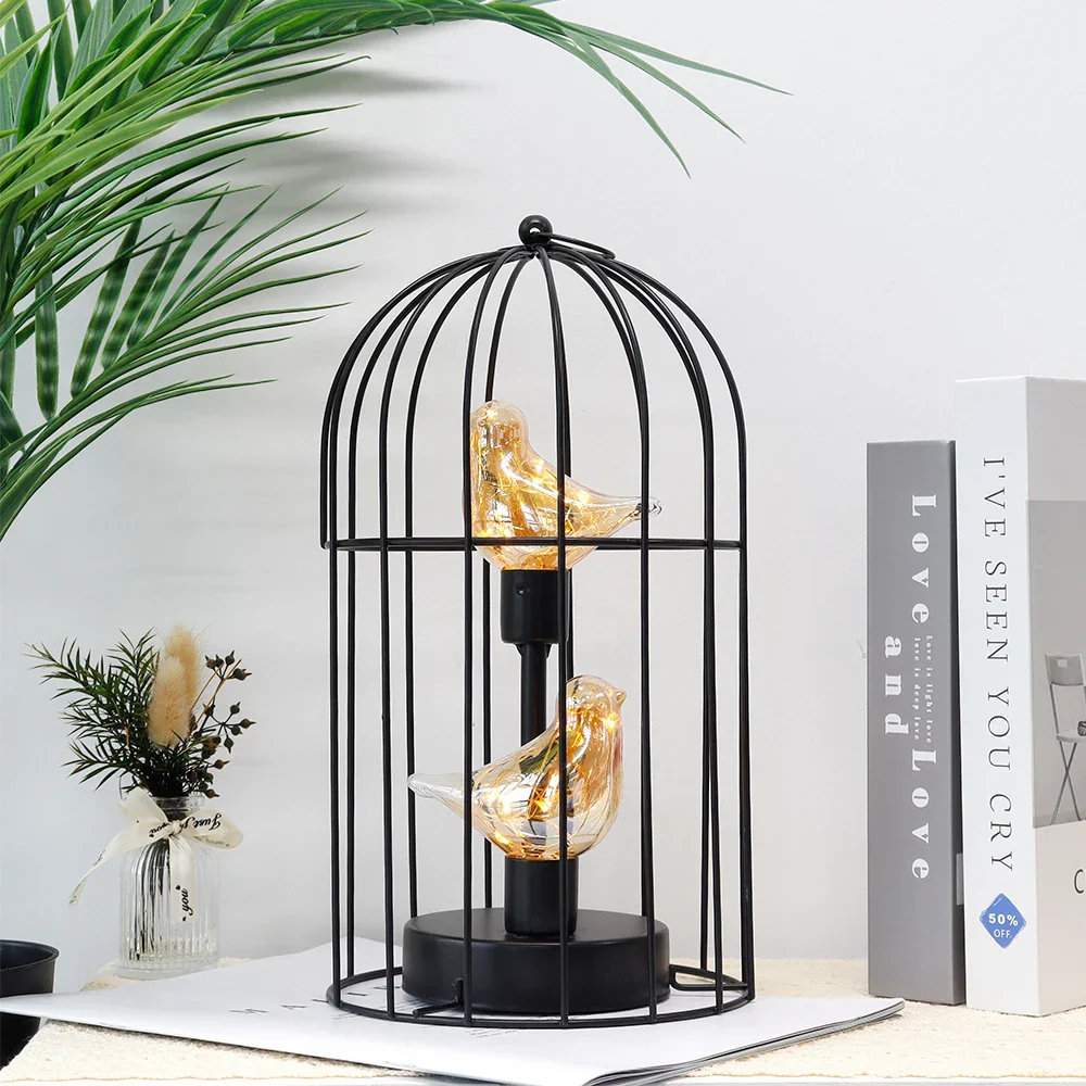 Birdcage Table Lamp Battery Operated Cordless Fairy Light Bird LED Home Decor - Image 5