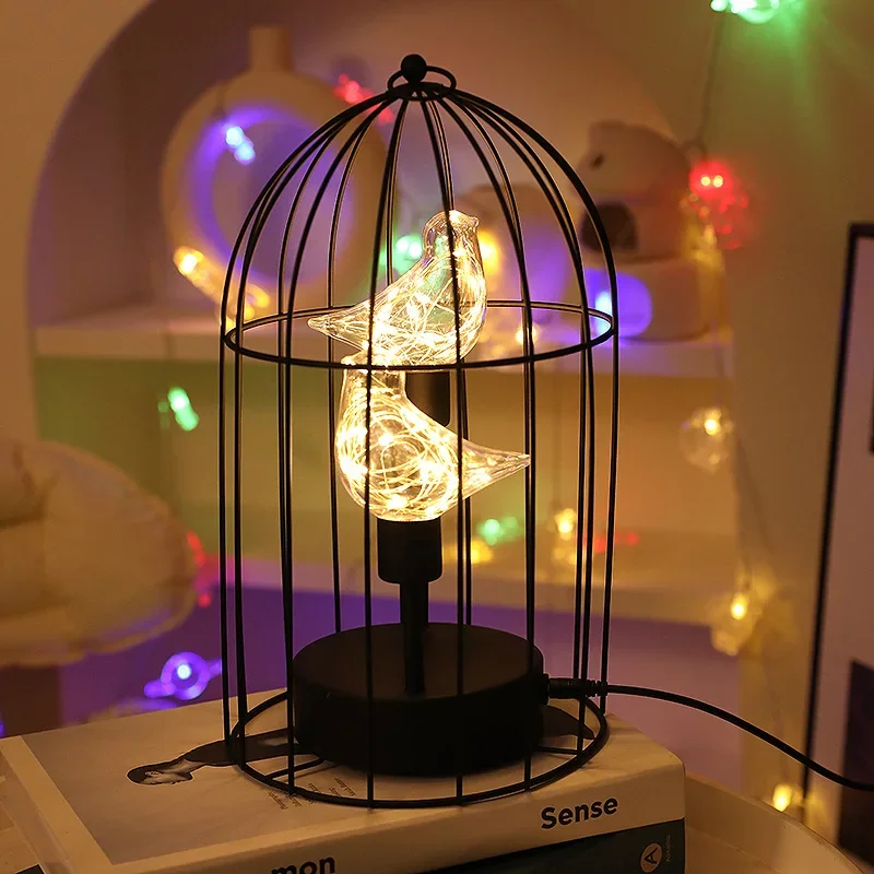 Birdcage Table Lamp Warm White Fairy Light Bird LED Bedroom Living Room Decor - Image 3