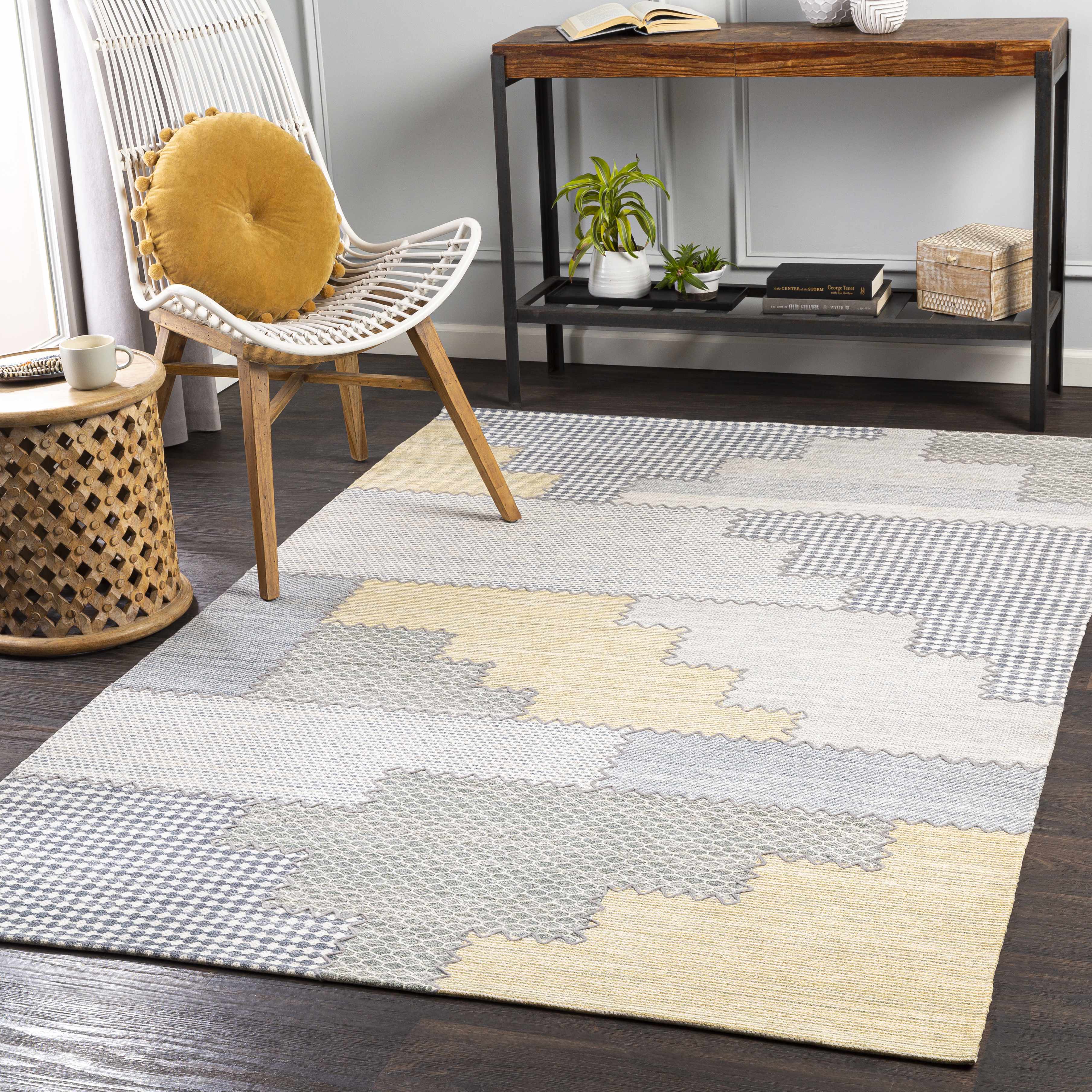 Bishopton Blue/Yellow Patchwork Viscose Rug - Clearance - Image 2