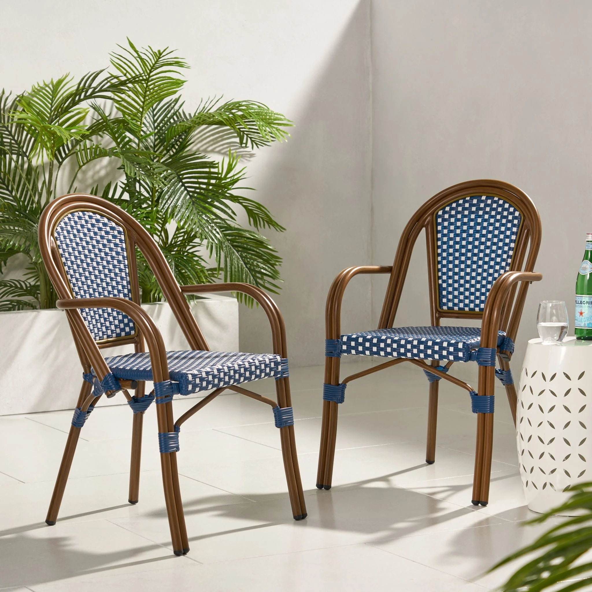 Bistro Chair With 2 Toned Checkered Pattern, (Set of 2) - White / Navy - Image 4