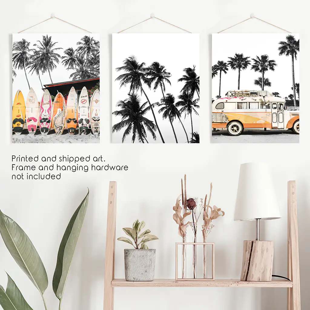Black and Orange Surfing Art Prints. Bus, Palms, Surfboards - Image 10