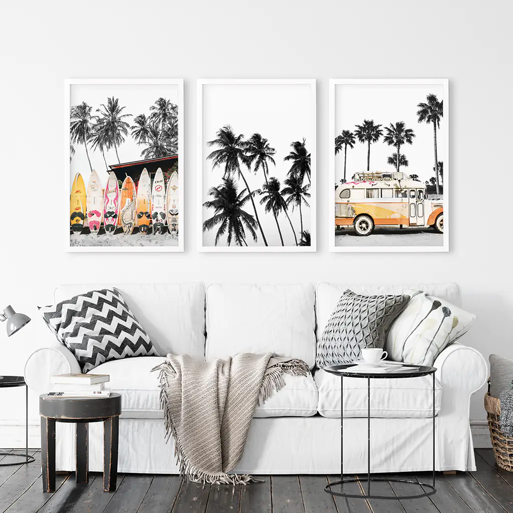 Black and Orange Surfing Art Prints. Bus, Palms, Surfboards - Image 3
