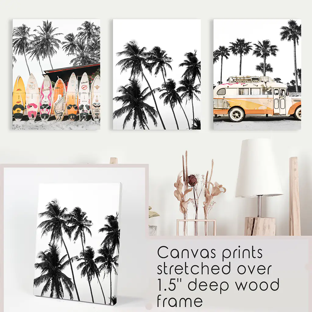 Black and Orange Surfing Art Prints. Bus, Palms, Surfboards - Image 9