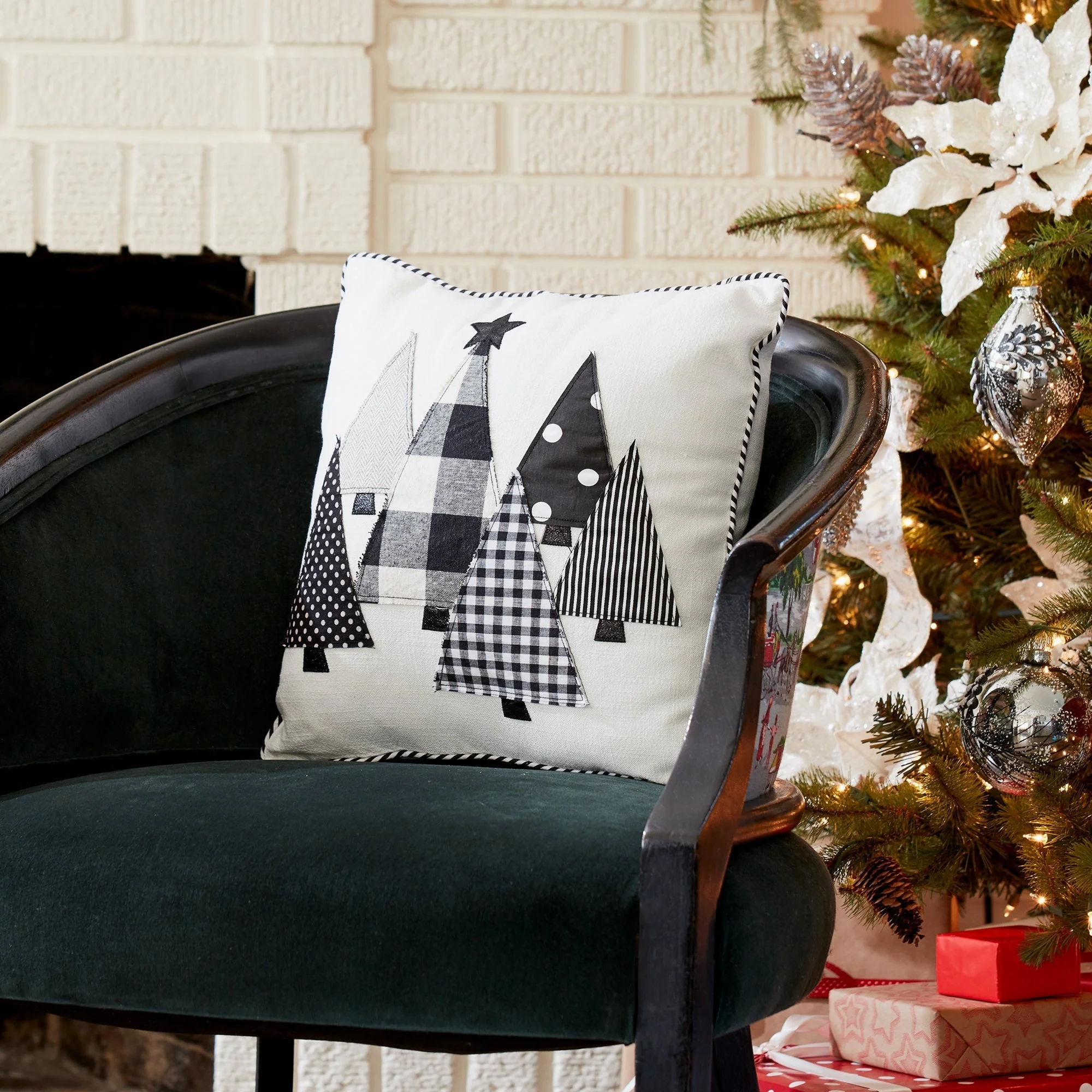 Black and White Holiday Tree Throw Pillow 15"SQ - Image 2