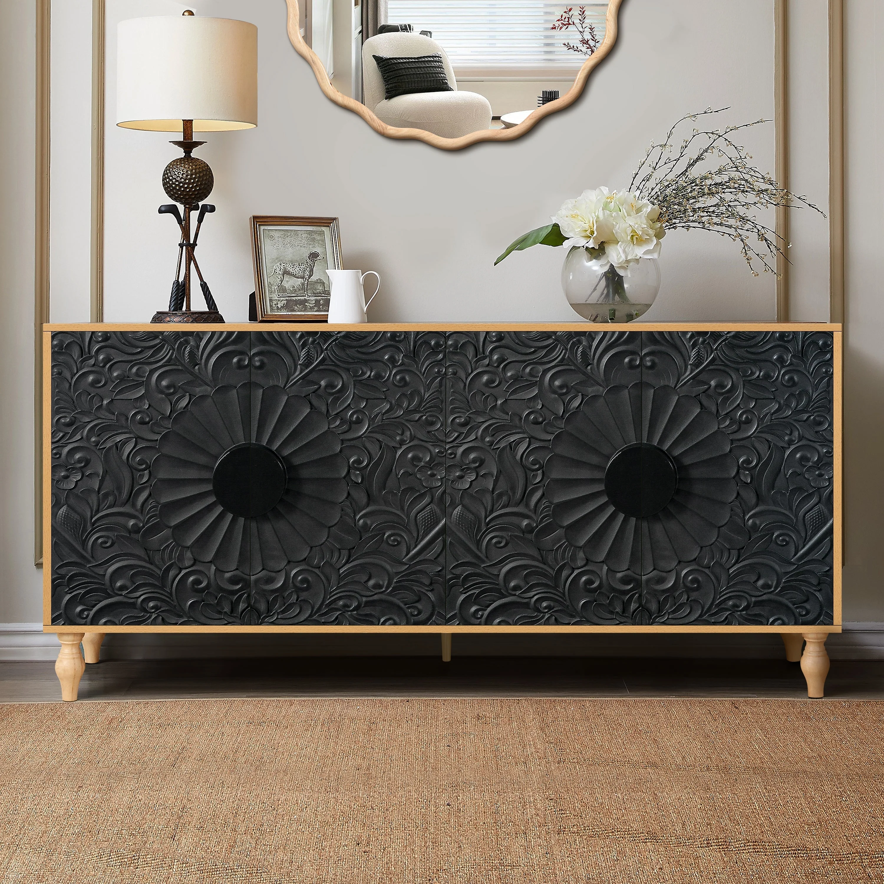 Black Carved Symmetrical Design Door And Wood Coloured Frame TV Stand - Image 3
