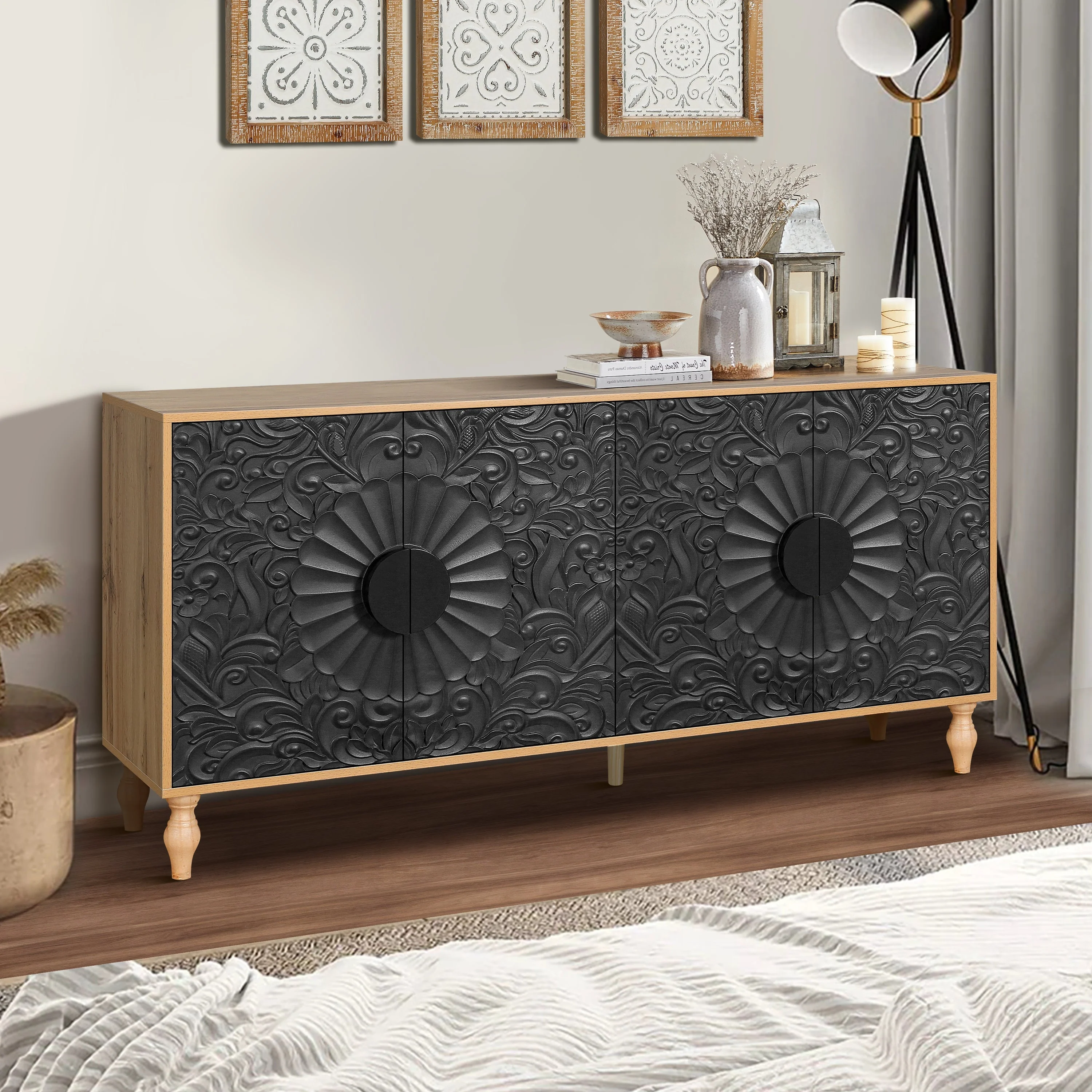 Black Carved Symmetrical Design Door And Wood Coloured Frame TV Stand - Image 4