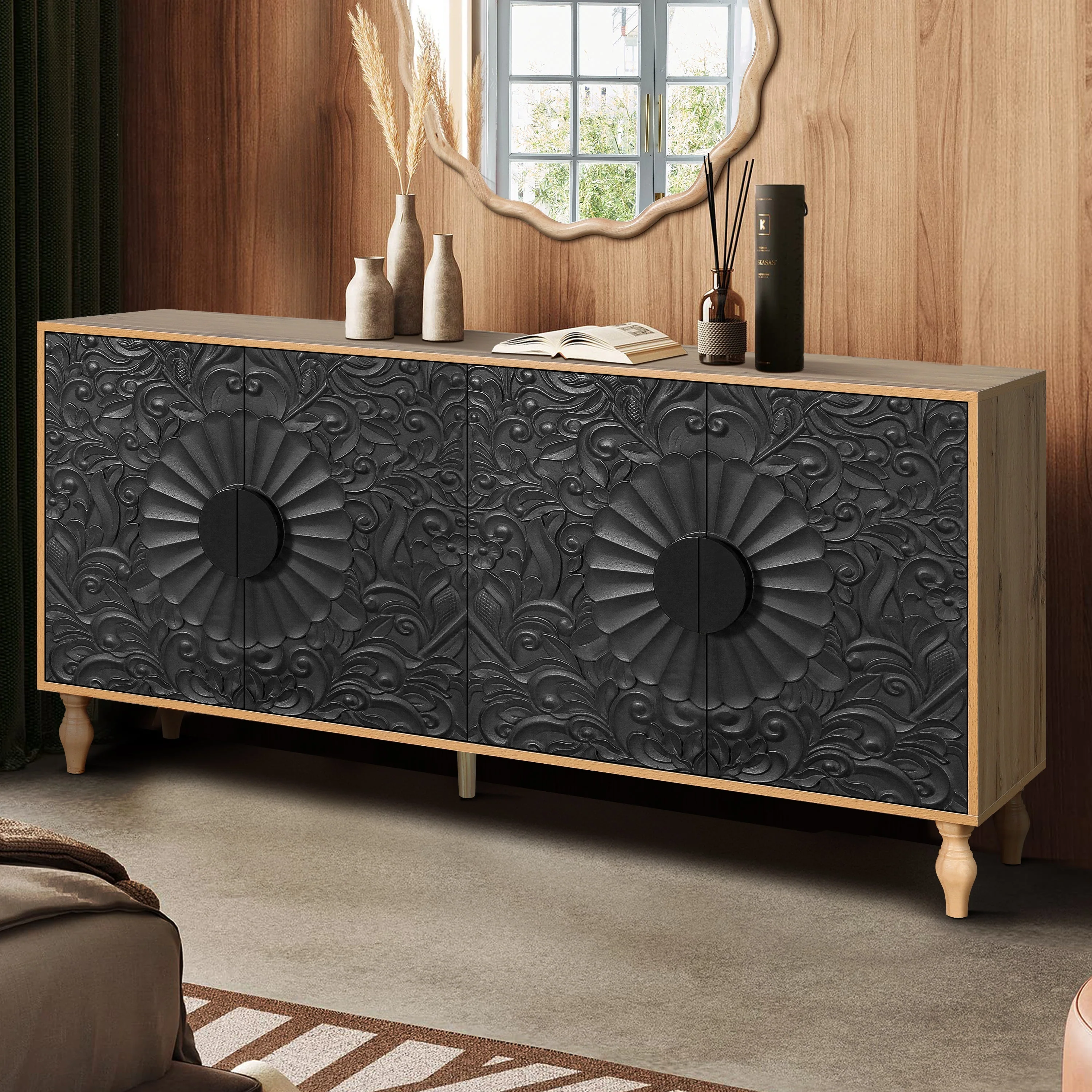 Black Carved Symmetrical Design Door And Wood Coloured Frame TV Stand - Image 5