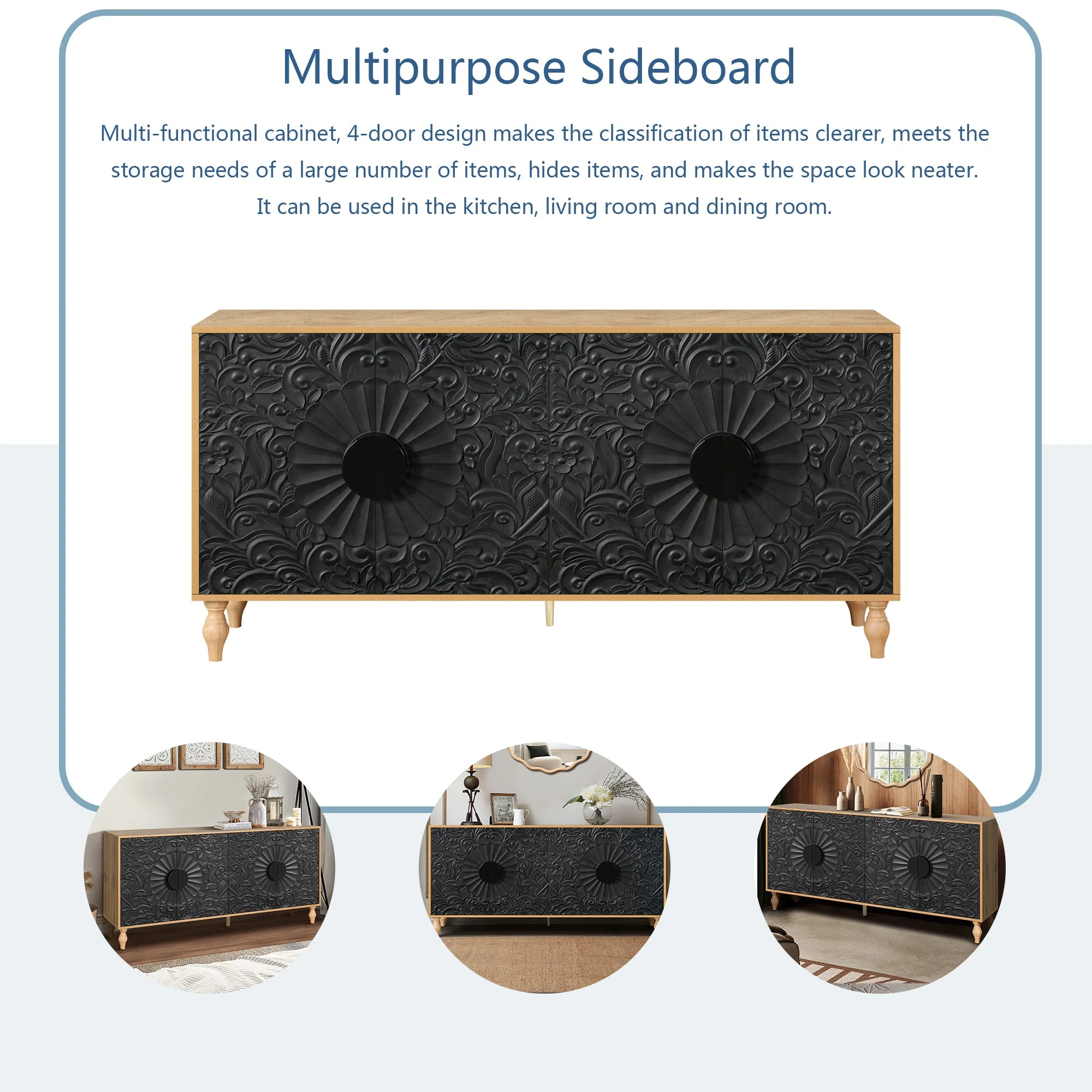 Black Carved Symmetrical Design Door And Wood Coloured Frame TV Stand - Image 7