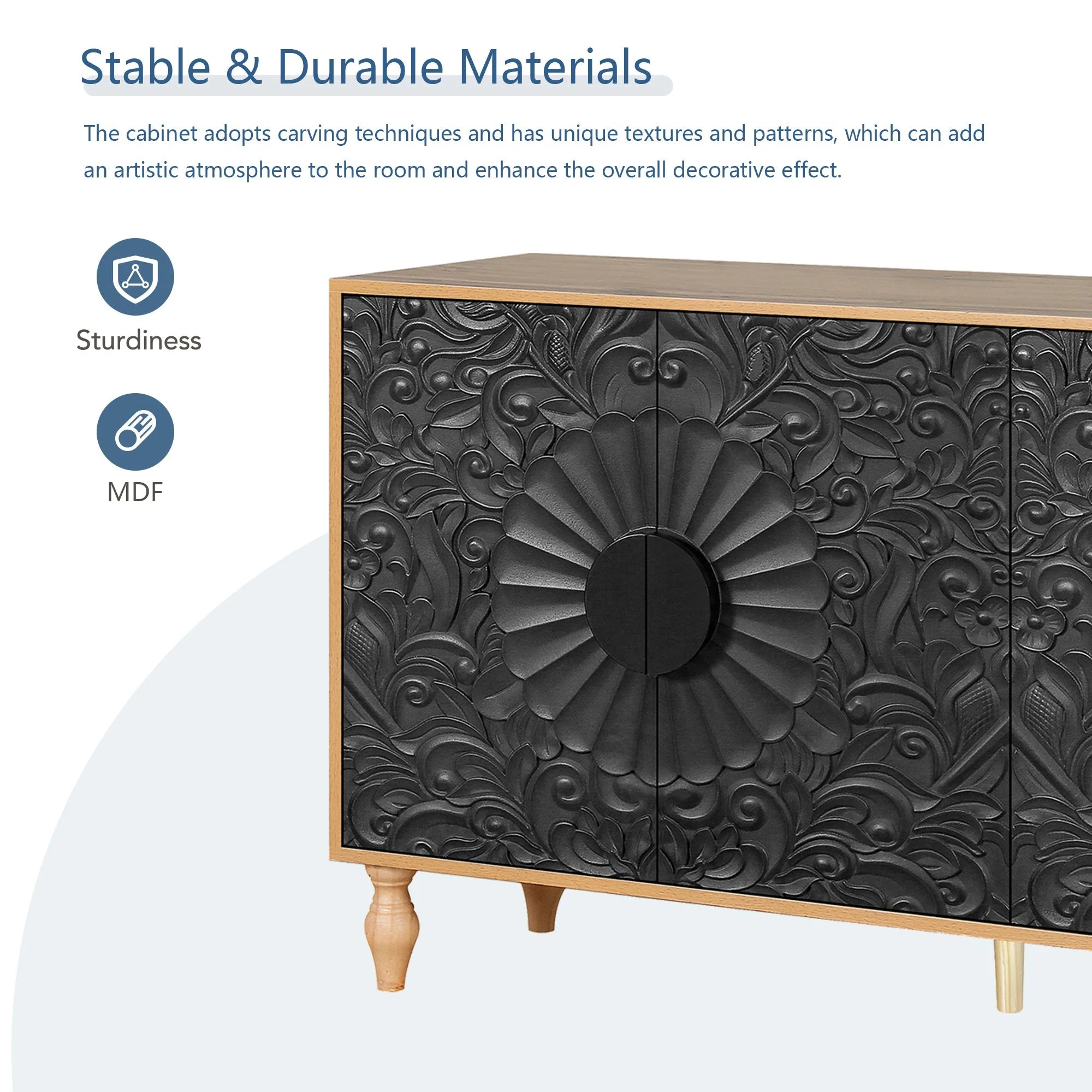 Black Carved Symmetrical Design Door And Wood Coloured Frame TV Stand - Image 9
