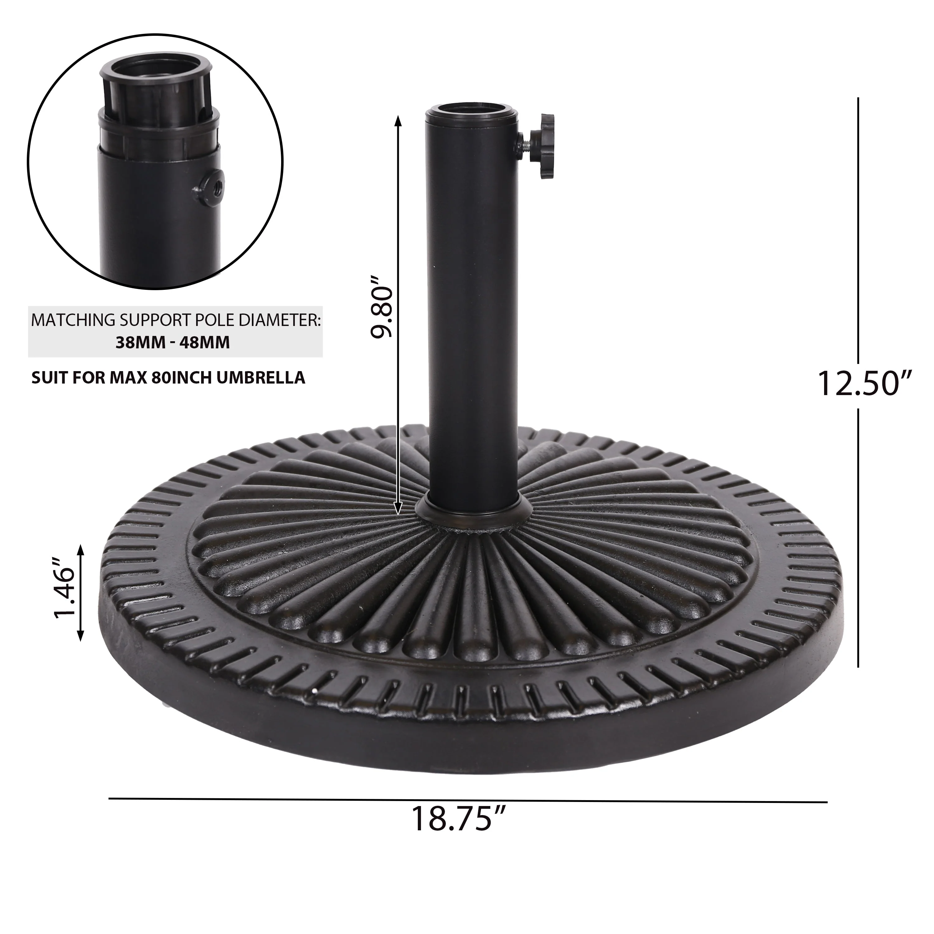 Black Rock Resin Outdoor Umbrella Base with Steel Support in Black Finish - Image 3