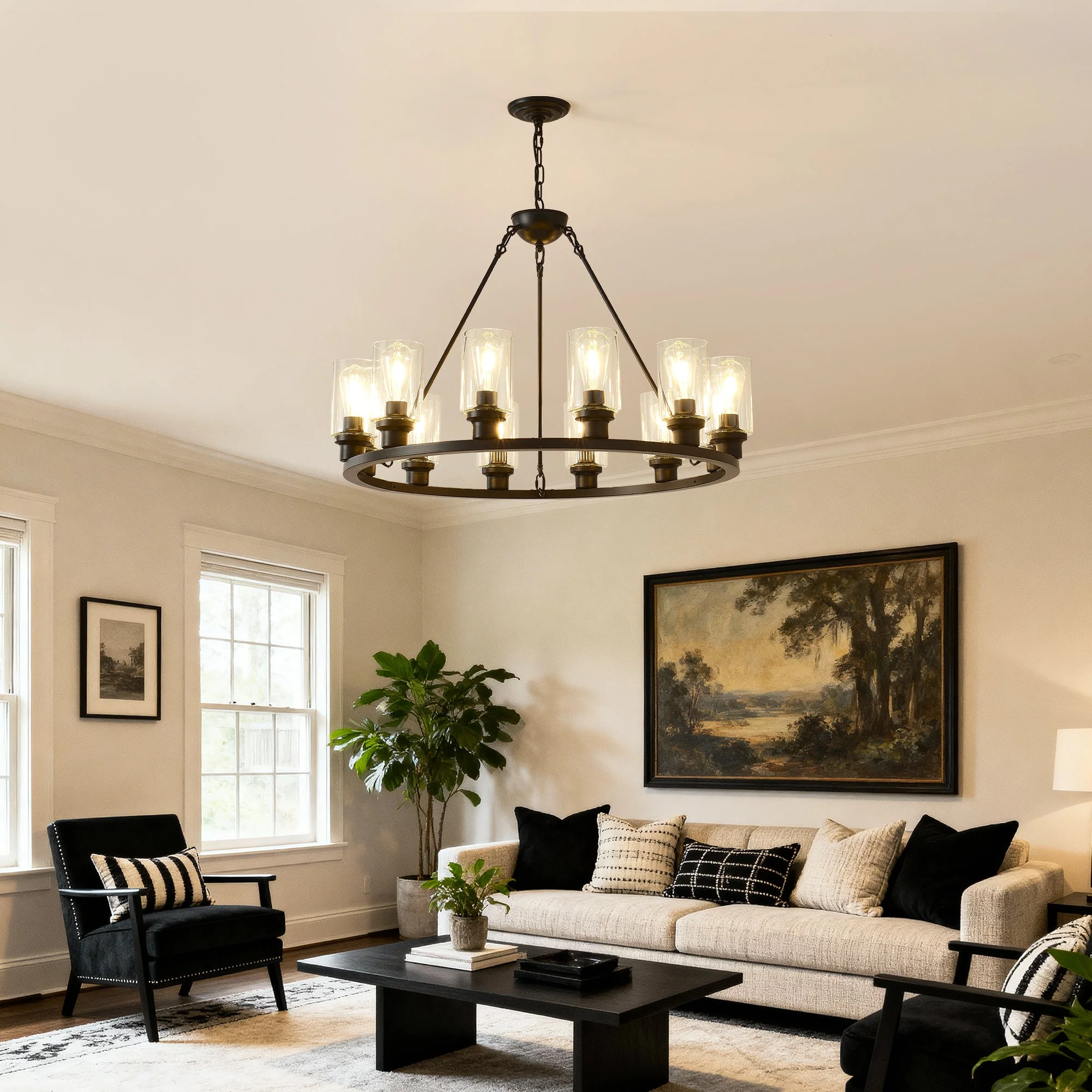 Black Wagon Wheel Chandelier 31.5 Inch Modern Farmhouse Glass Pendant Light 12-Light Ceiling Hanging Lighting Fixtures for Living Room Dining Room Kitchen Island Foyer--NO INCLUDED BULBS - Image 2