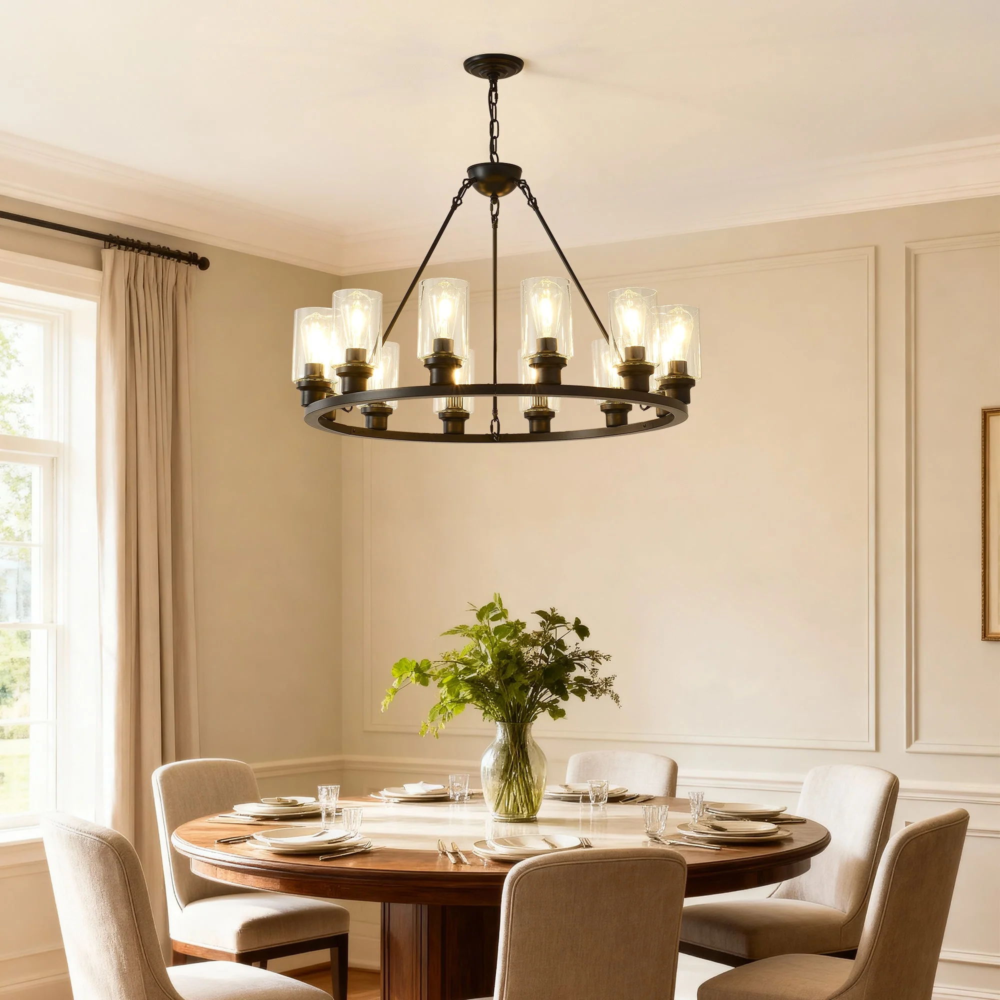 Black Wagon Wheel Chandelier 31.5 Inch Modern Farmhouse Glass Pendant Light 12-Light Ceiling Hanging Lighting Fixtures for Living Room Dining Room Kitchen Island Foyer--NO INCLUDED BULBS - Image 3