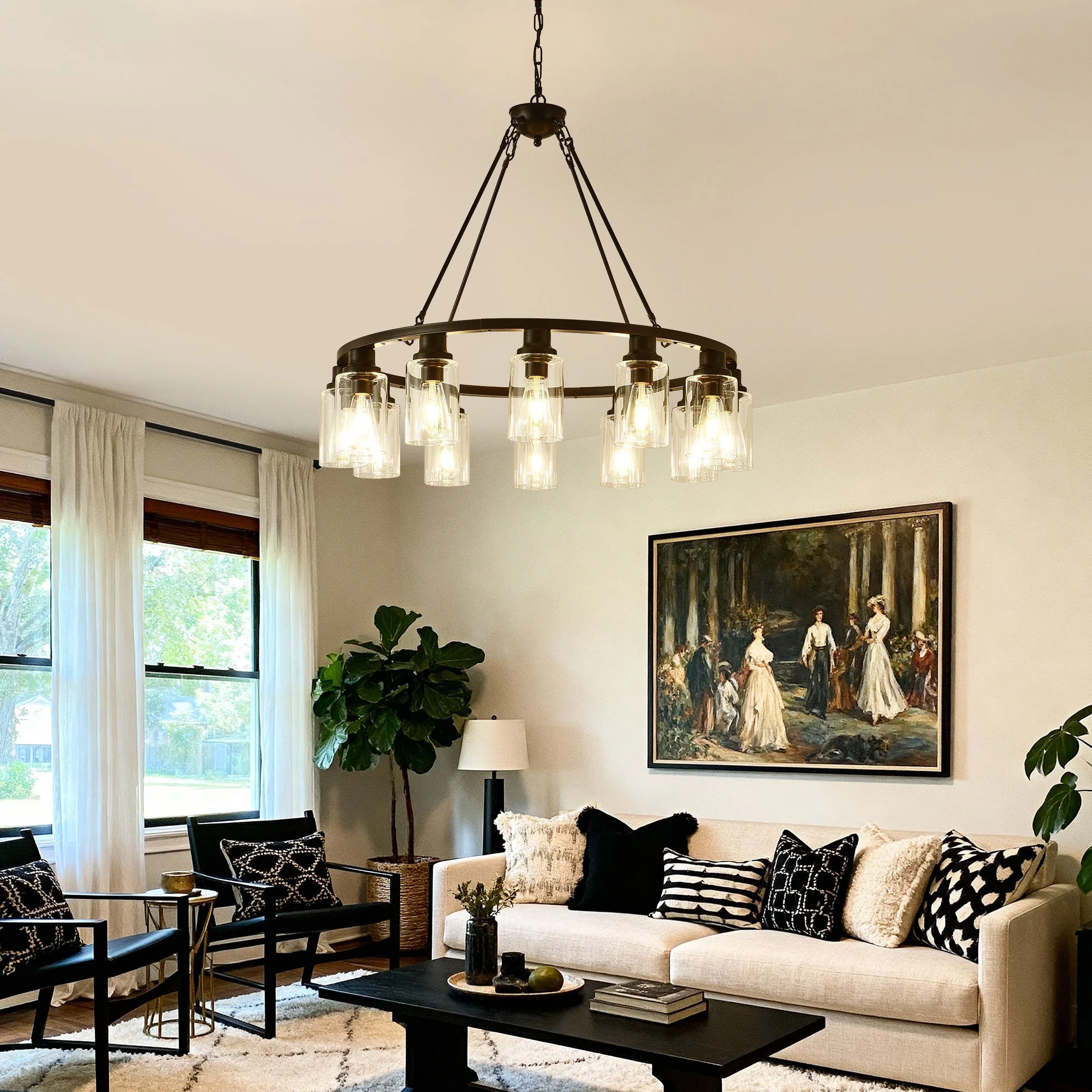 Black Wagon Wheel Chandelier 31.5 Inch Modern Farmhouse Glass Pendant Light 12-Light Ceiling Hanging Lighting Fixtures for Living Room Dining Room Kitchen Island Foyer--NO INCLUDED BULBS - Image 4