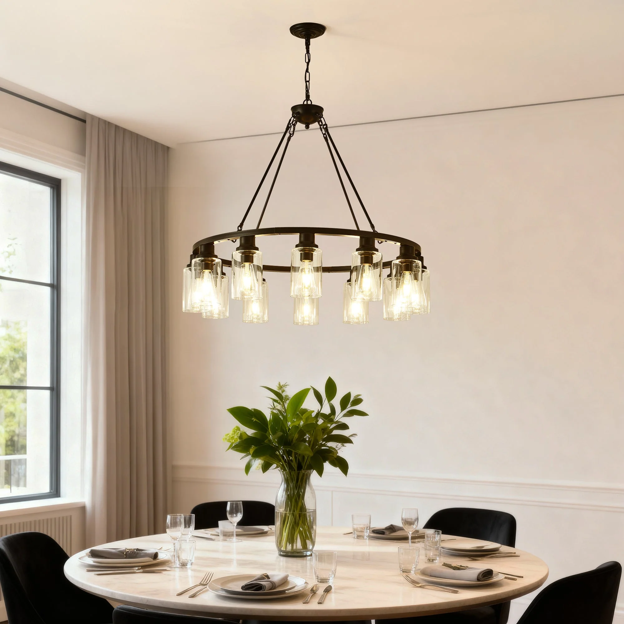 Black Wagon Wheel Chandelier 31.5 Inch Modern Farmhouse Glass Pendant Light 12-Light Ceiling Hanging Lighting Fixtures for Living Room Dining Room Kitchen Island Foyer--NO INCLUDED BULBS - Image 5