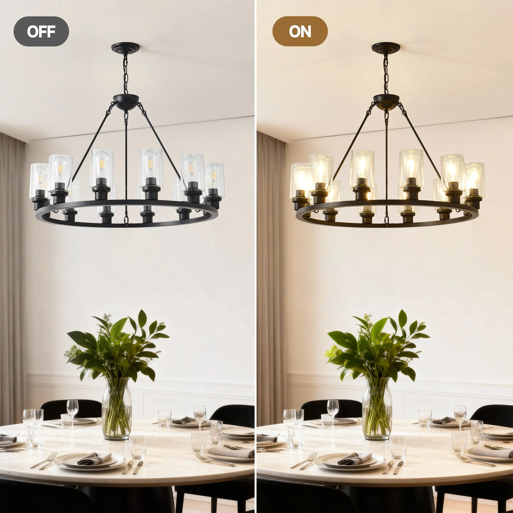 Black Wagon Wheel Chandelier 31.5 Inch Modern Farmhouse Glass Pendant Light 12-Light Ceiling Hanging Lighting Fixtures for Living Room Dining Room Kitchen Island Foyer--NO INCLUDED BULBS - Image 6