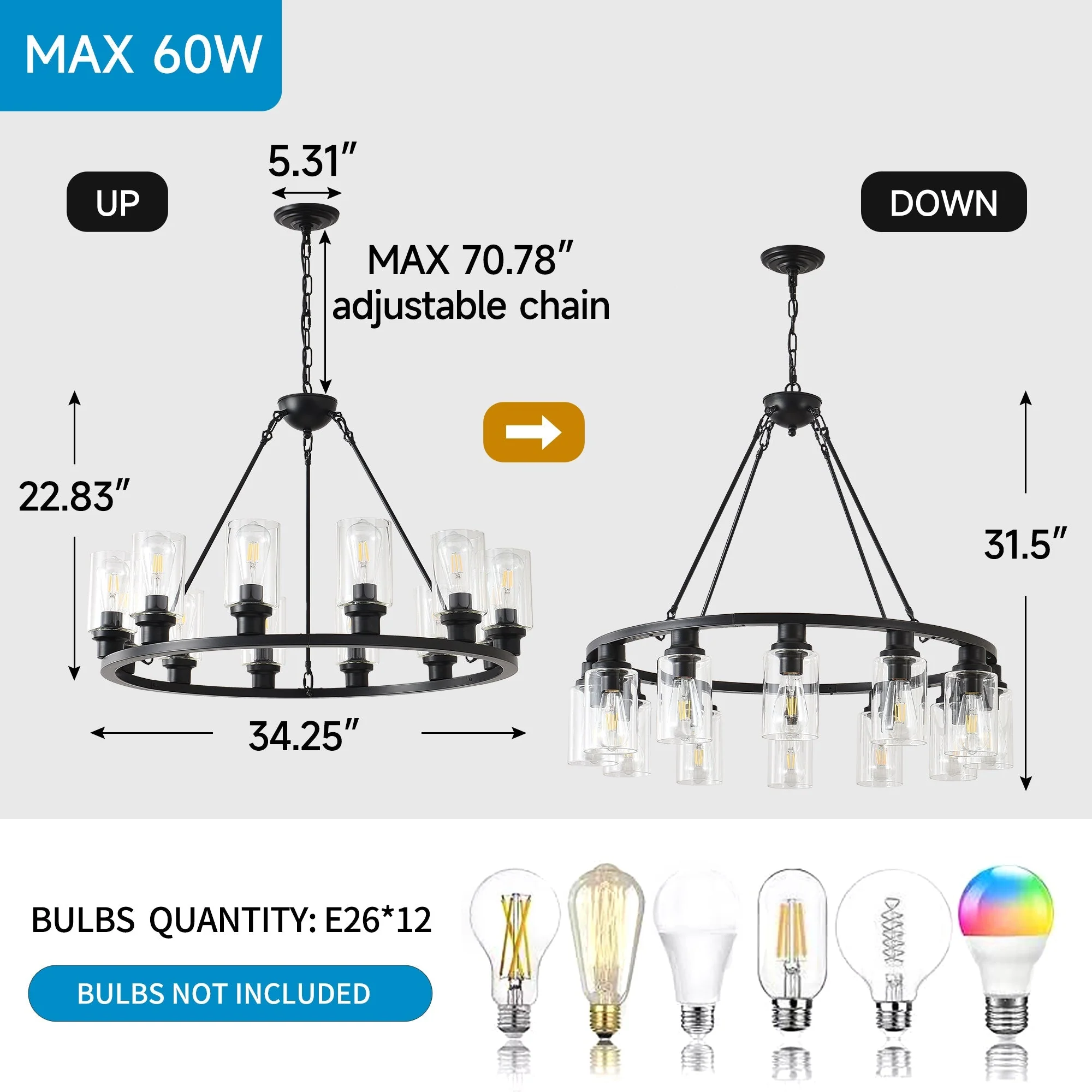 Black Wagon Wheel Chandelier 31.5 Inch Modern Farmhouse Glass Pendant Light 12-Light Ceiling Hanging Lighting Fixtures for Living Room Dining Room Kitchen Island Foyer--NO INCLUDED BULBS - Image 7