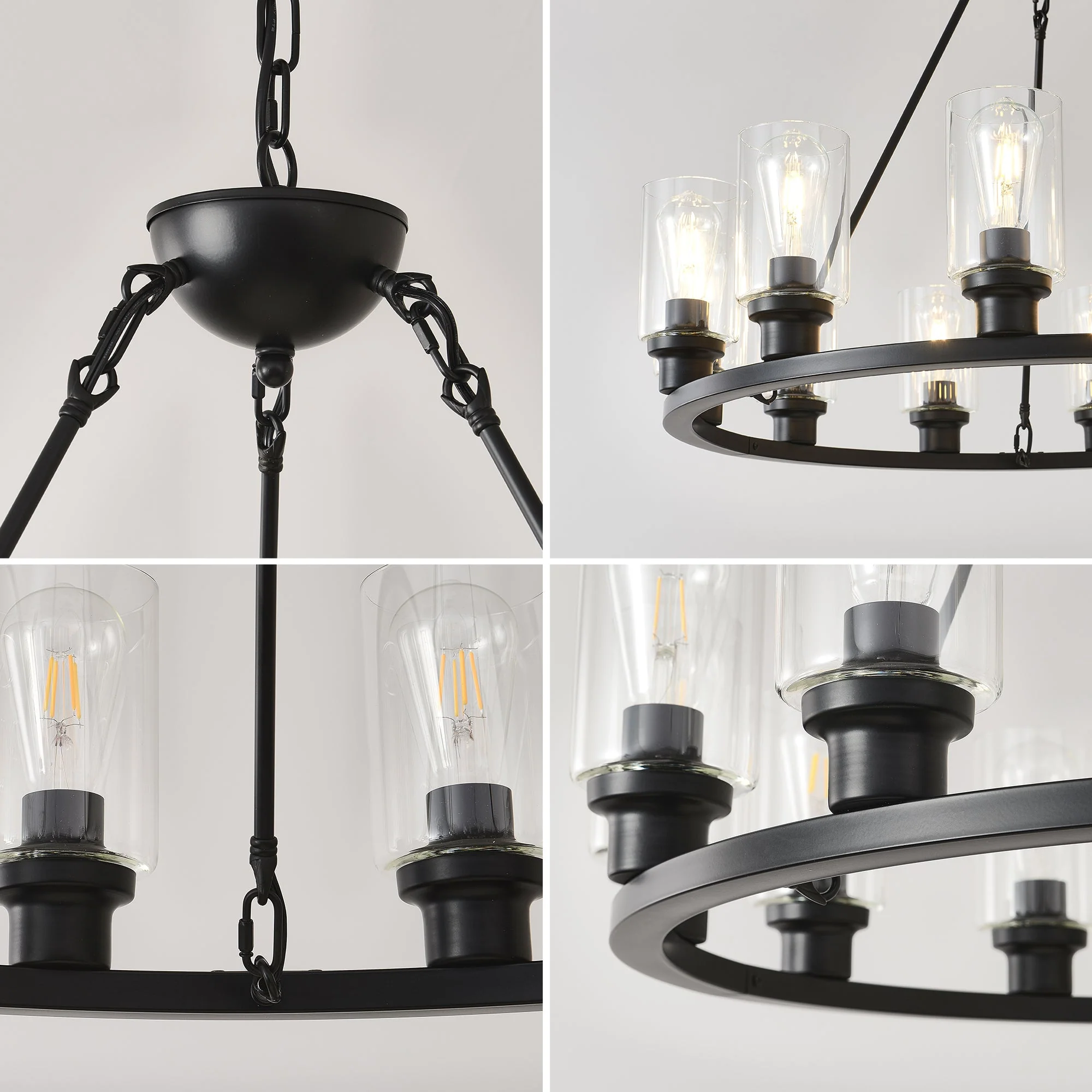 Black Wagon Wheel Chandelier 31.5 Inch Modern Farmhouse Glass Pendant Light 12-Light Ceiling Hanging Lighting Fixtures for Living Room Dining Room Kitchen Island Foyer--NO INCLUDED BULBS - Image 9