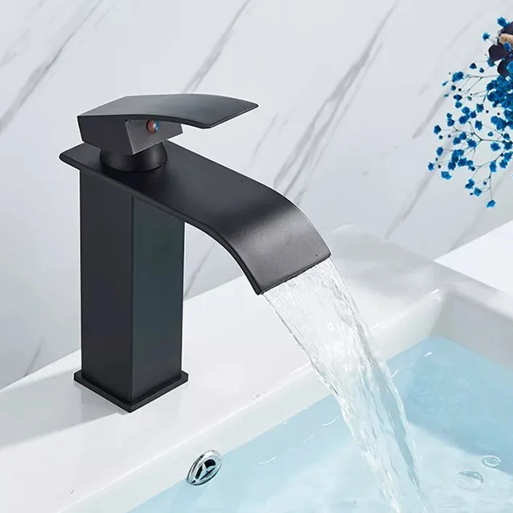 Black Waterfall Bathroom Faucet Basin Mixer Tap Single Hole Hot Cold Sink Tap - Image 3