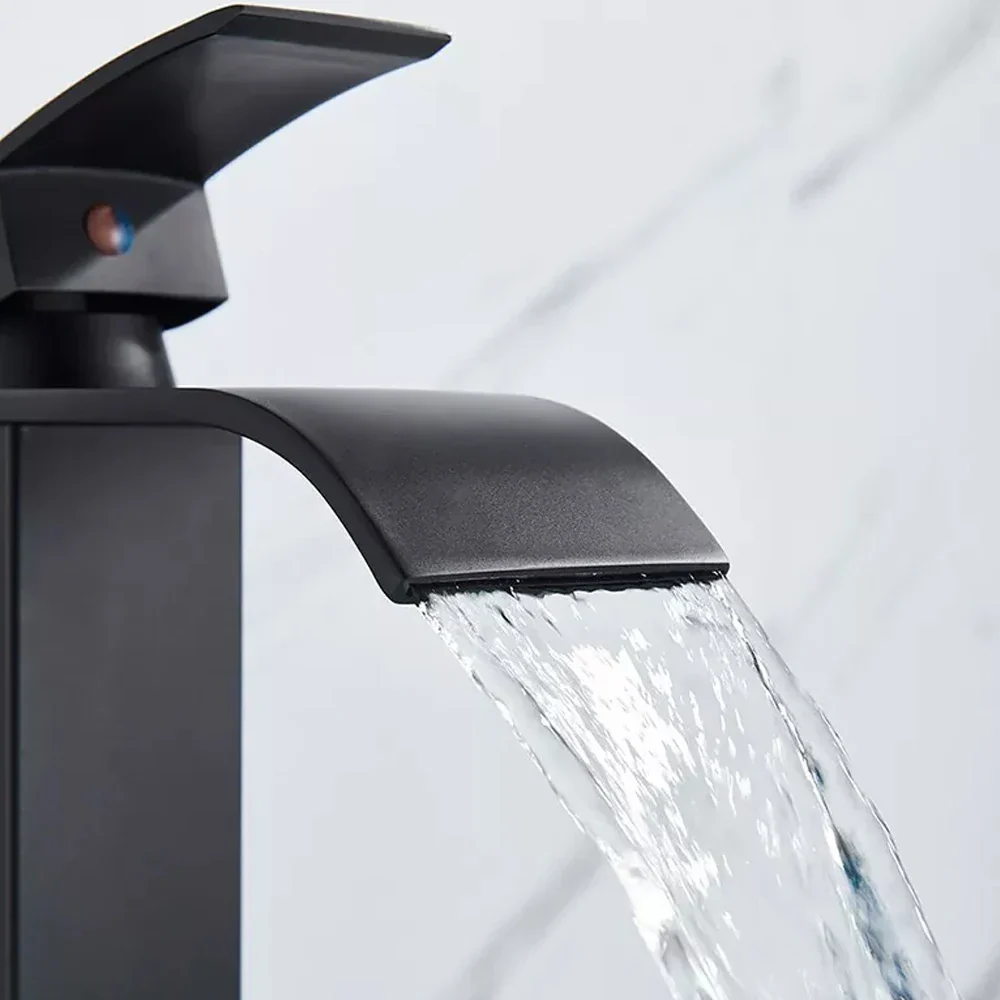 Black Waterfall Bathroom Faucet Basin Mixer Tap Single Hole Hot Cold Sink Tap - Image 4