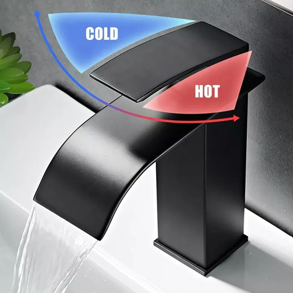 Black Waterfall Bathroom Faucet Basin Mixer Tap Single Hole Hot Cold Sink Tap - Image 5