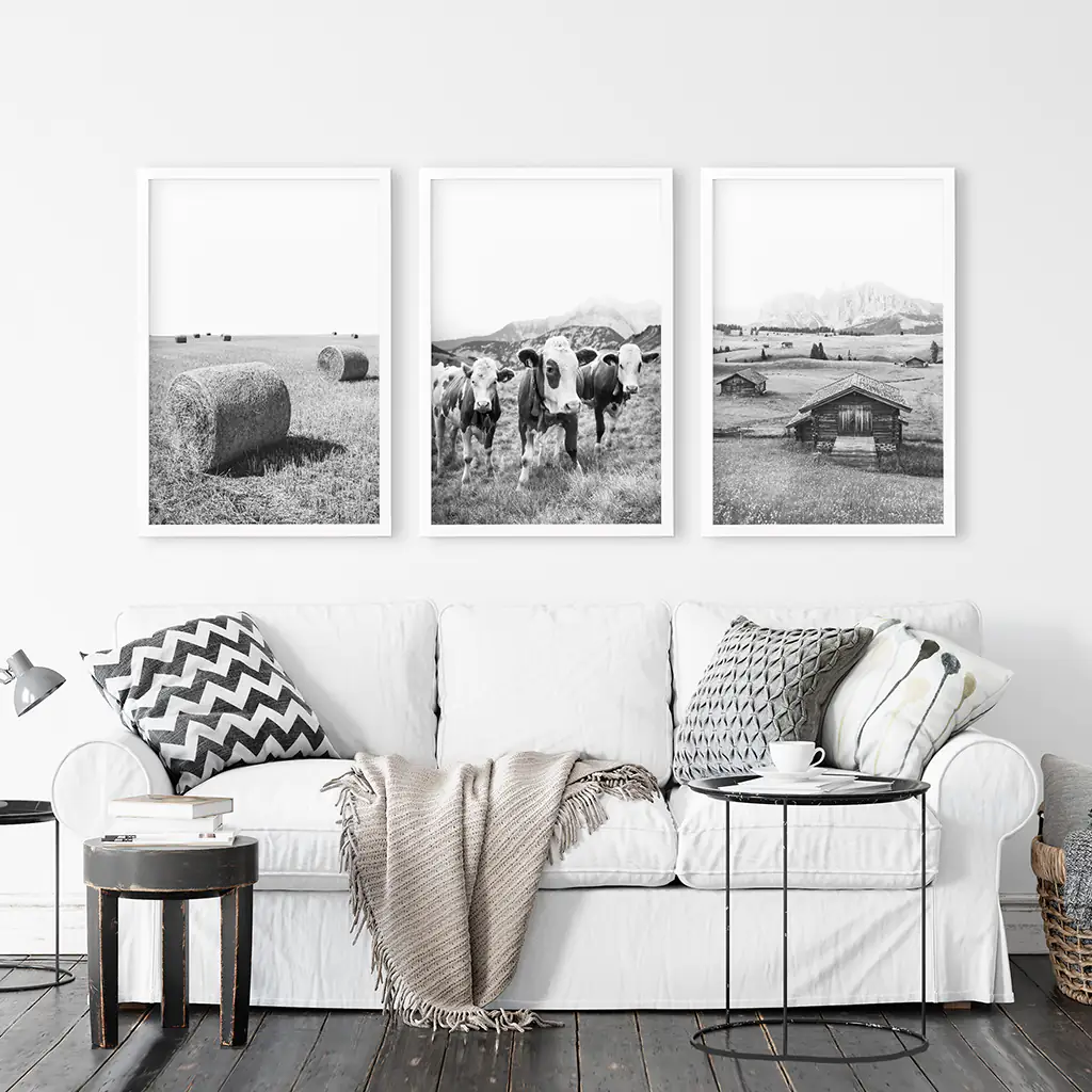Black White Rustic Photo. Wall Art Set. Cows, Barn, Haystack - Image 2