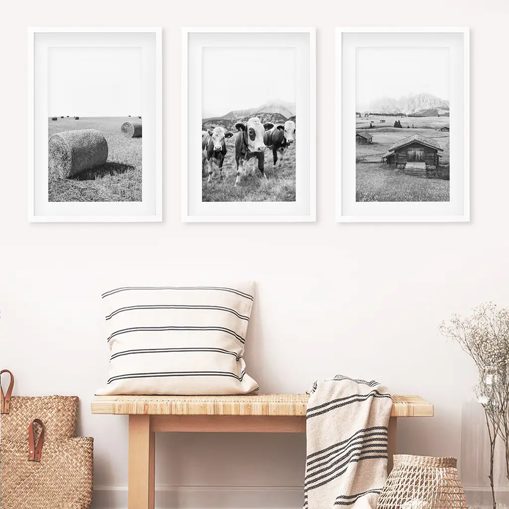 Black White Rustic Photo. Wall Art Set. Cows, Barn, Haystack - Image 5