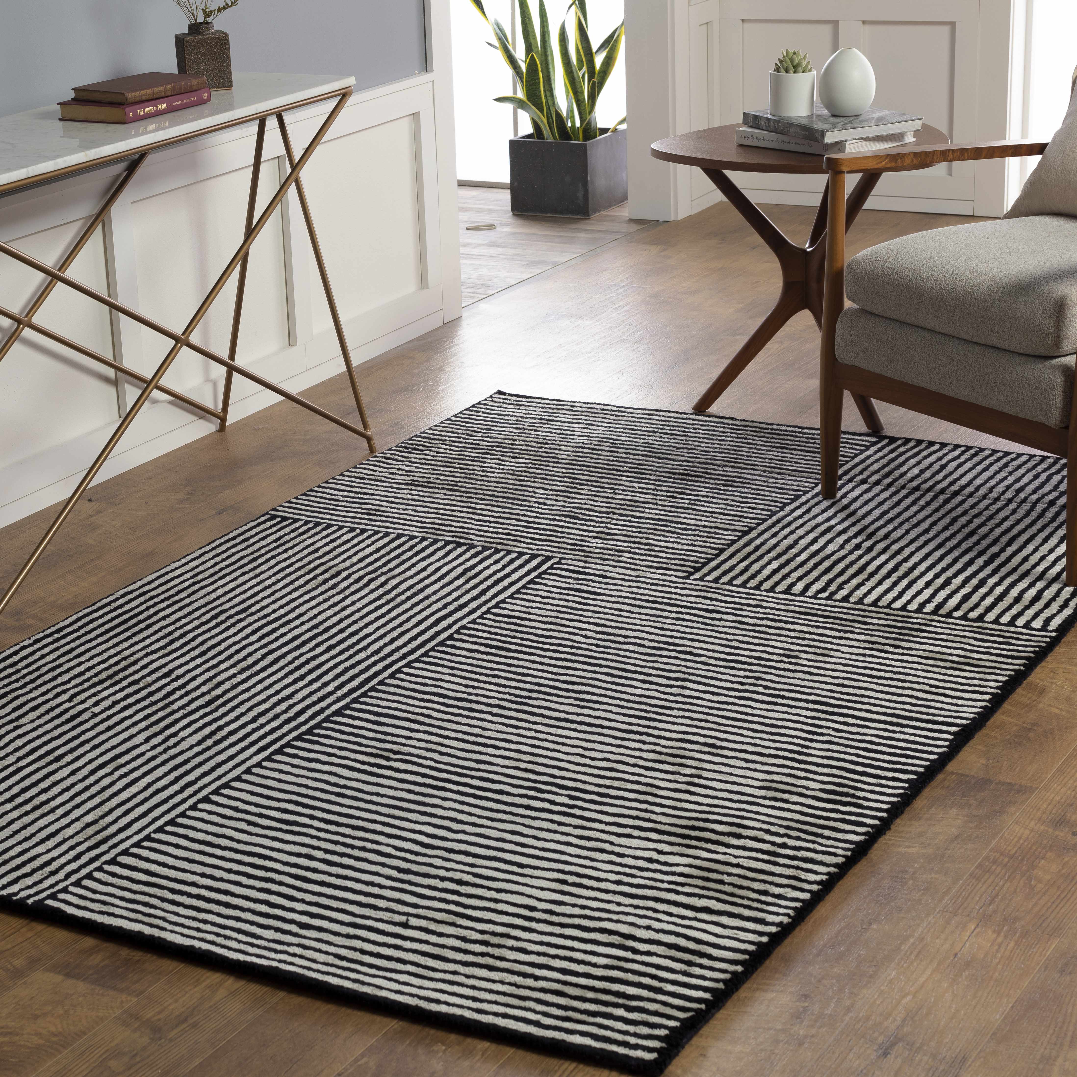 Black&White Striped Sheen Viscose Area Rug - Image 2