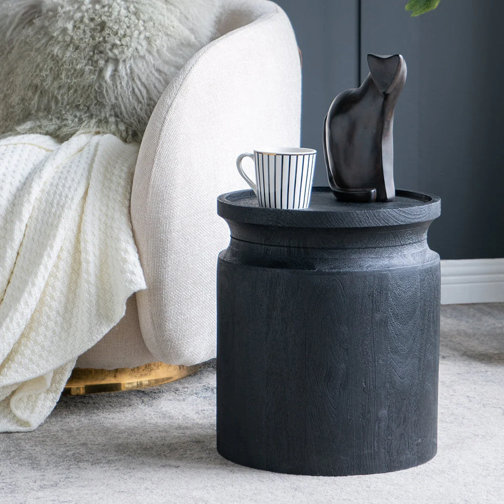Black Wooden Cylinder Side Table - Image 2