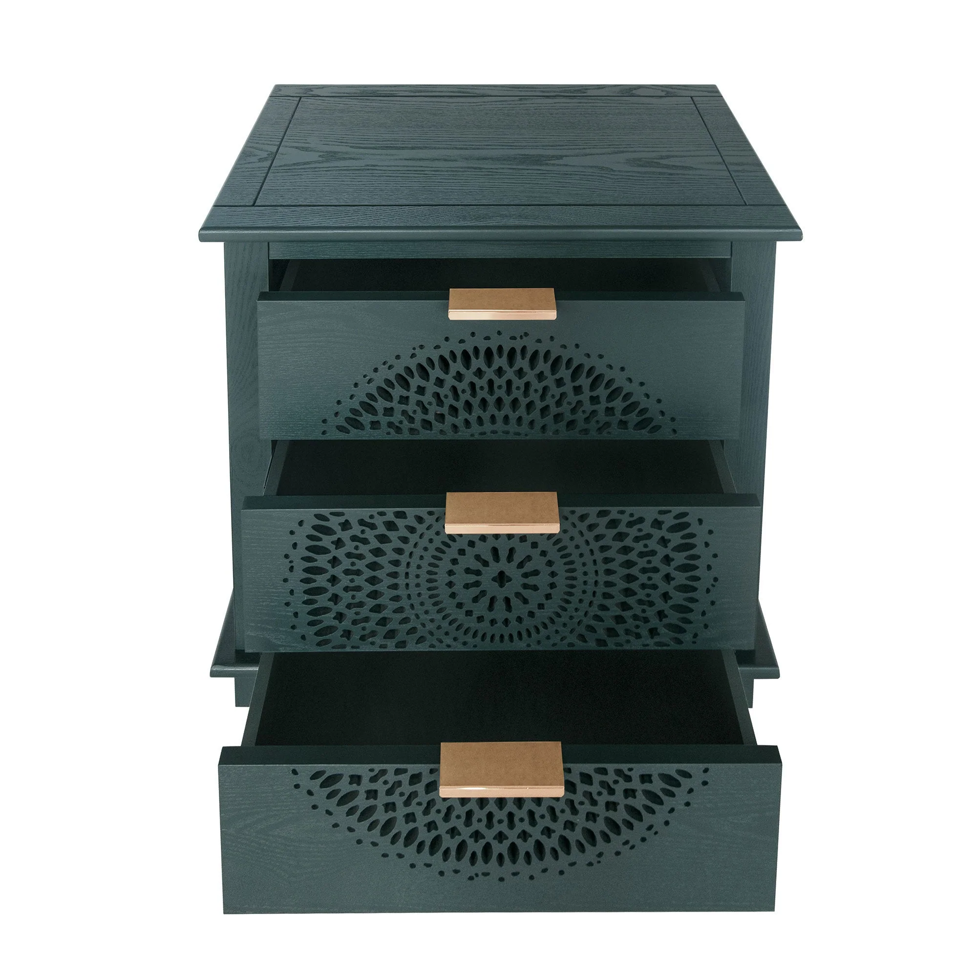 Blackish Green Hollow-Carved 3-Drawer Dresser with Metal Handles - Image 12