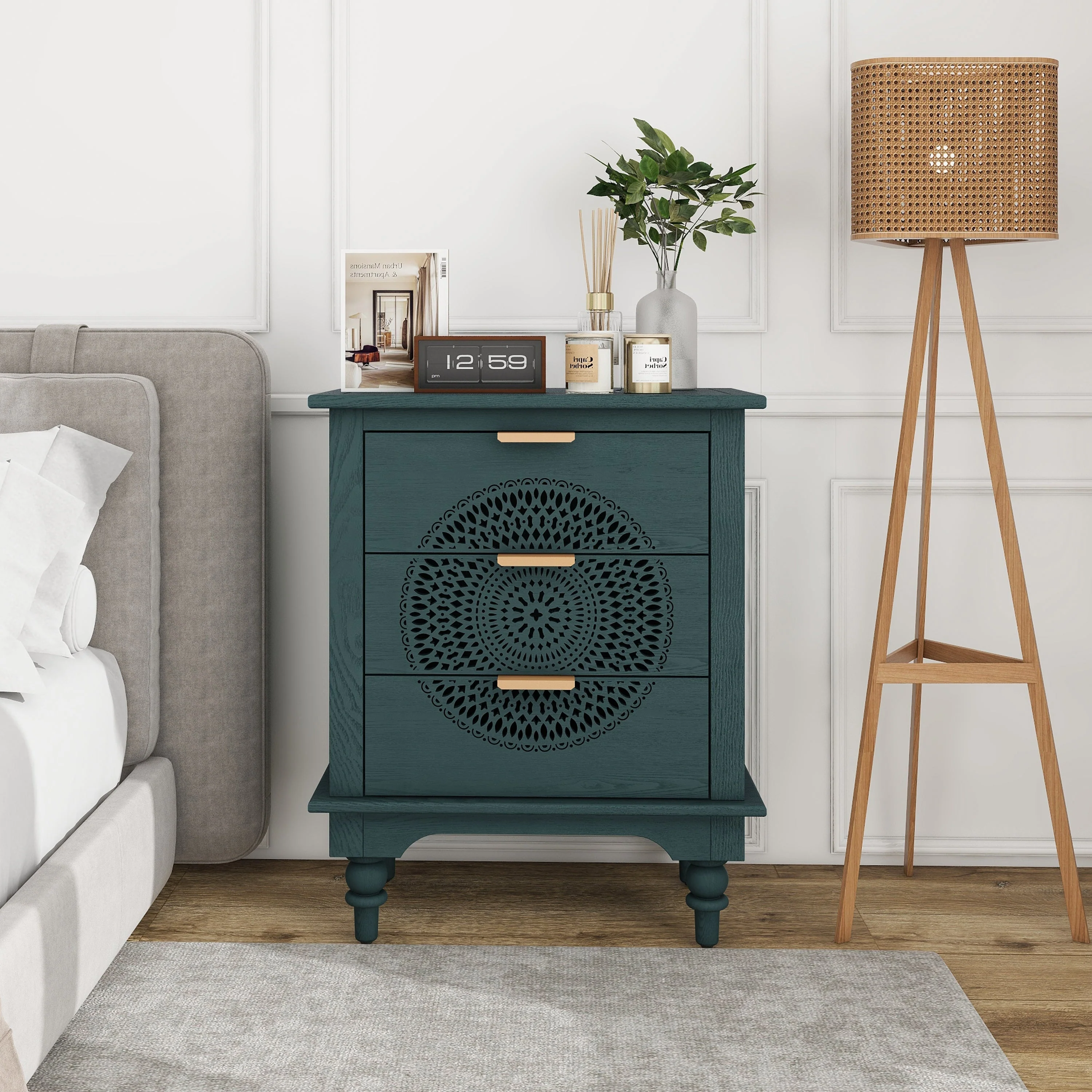 Blackish Green Hollow-Carved 3-Drawer Dresser with Metal Handles - Image 2