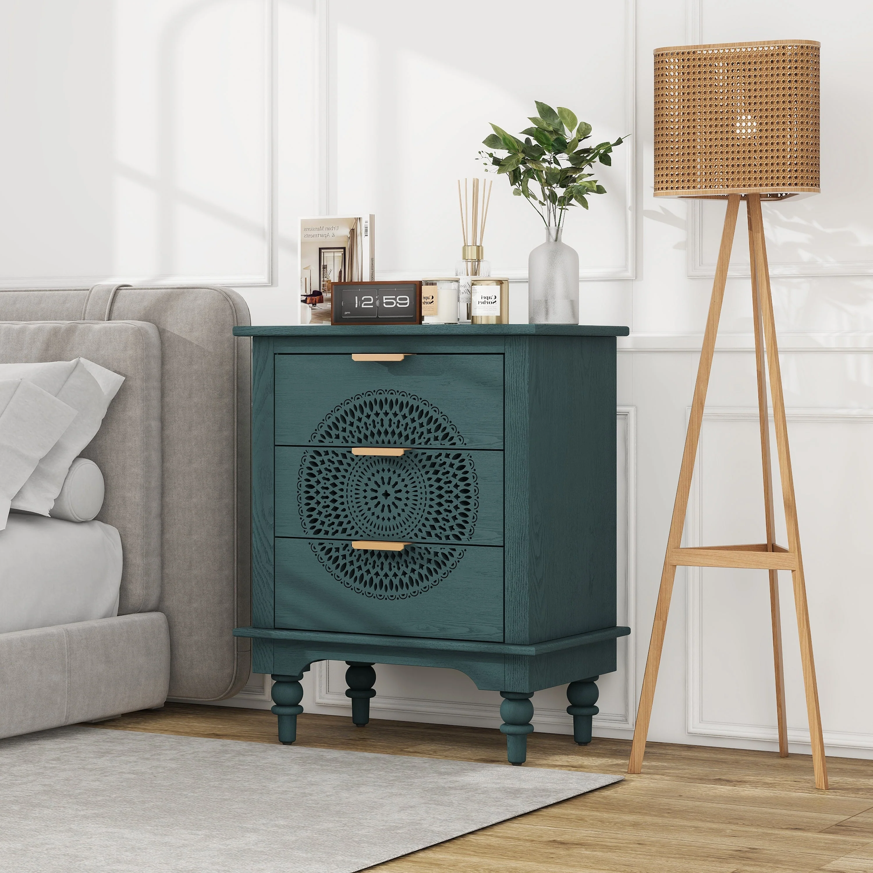 Blackish Green Hollow-Carved 3-Drawer Dresser with Metal Handles - Image 4