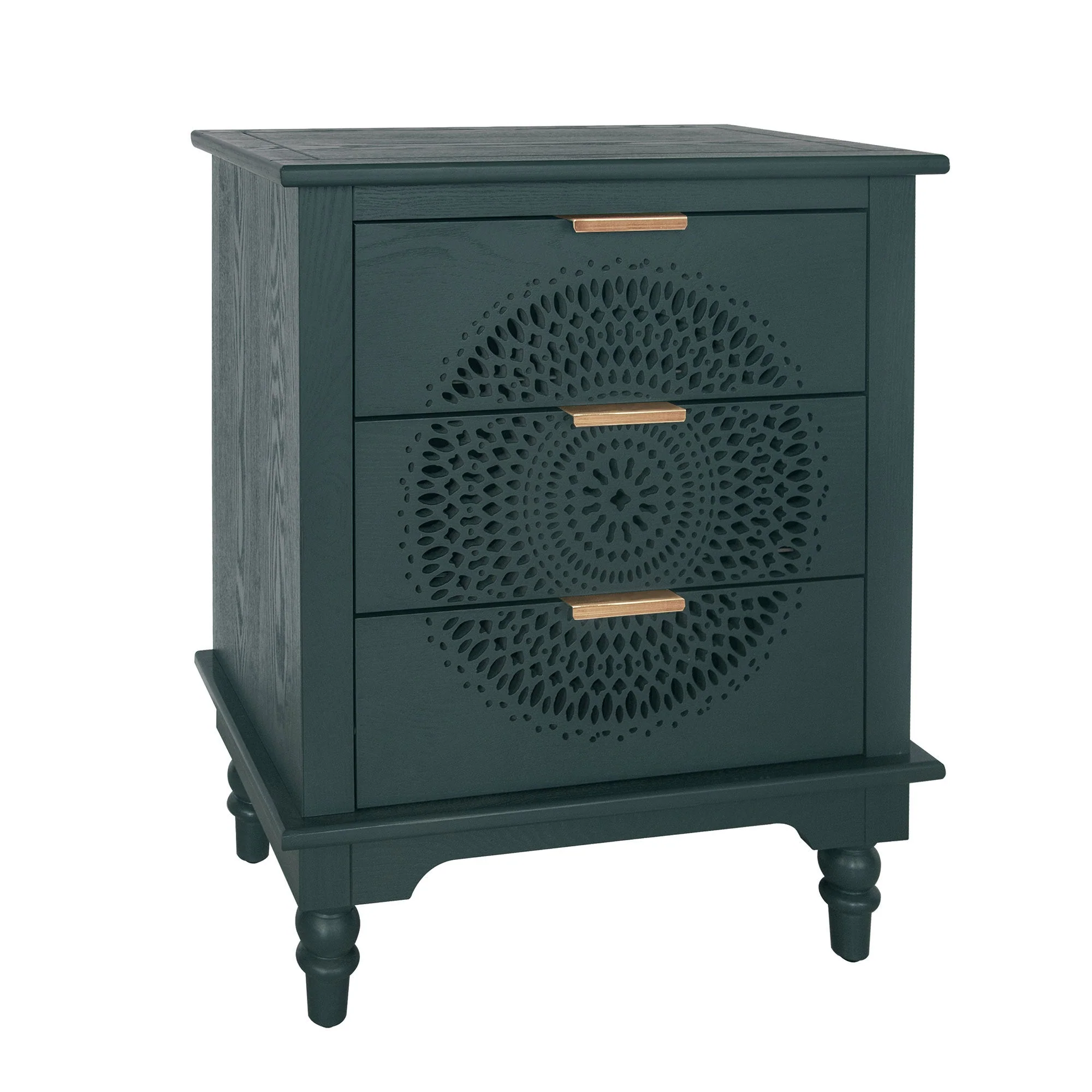 Blackish Green Hollow-Carved 3-Drawer Dresser with Metal Handles - Image 6