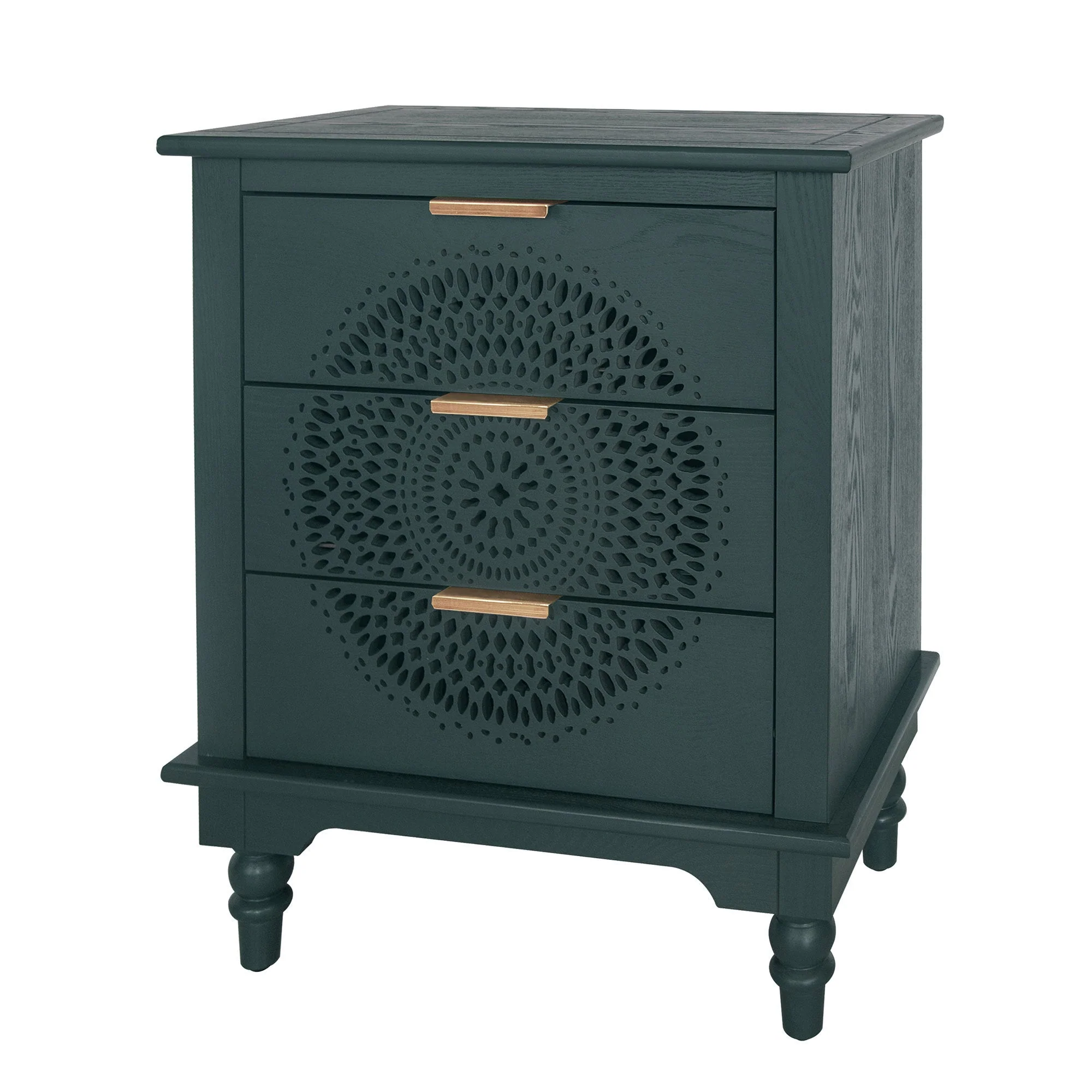 Blackish Green Hollow-Carved 3-Drawer Dresser with Metal Handles - Image 7
