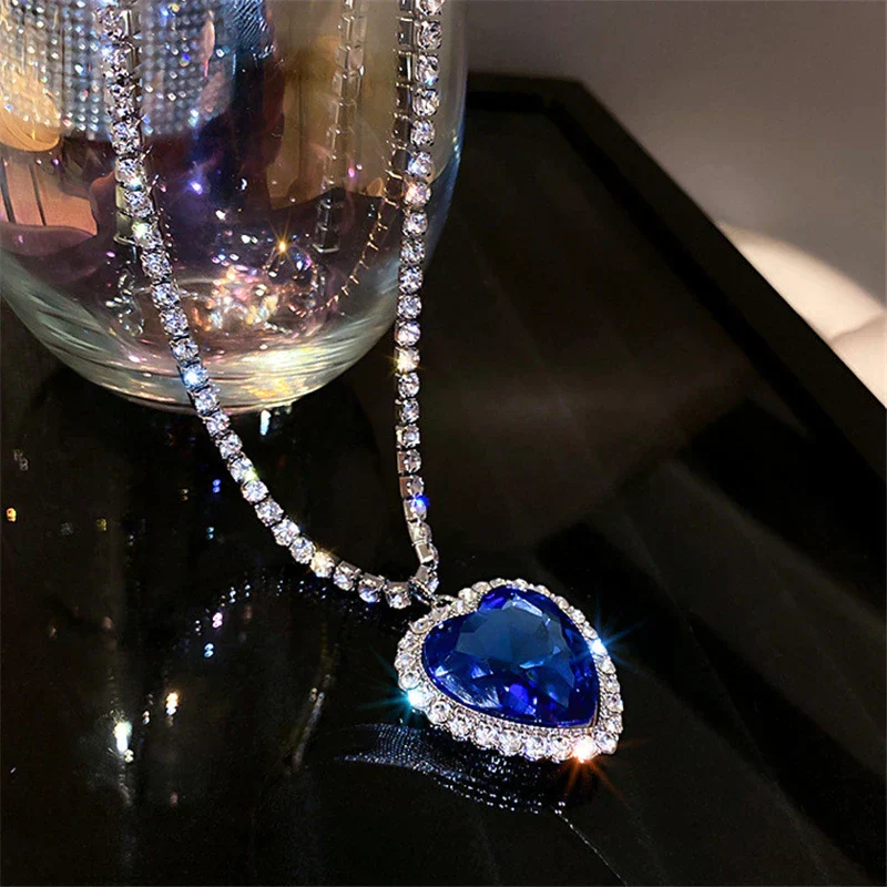 Blue Heart Crystal Necklace S925 Silver Zirconia Pendant 57cm Chain - Image 3