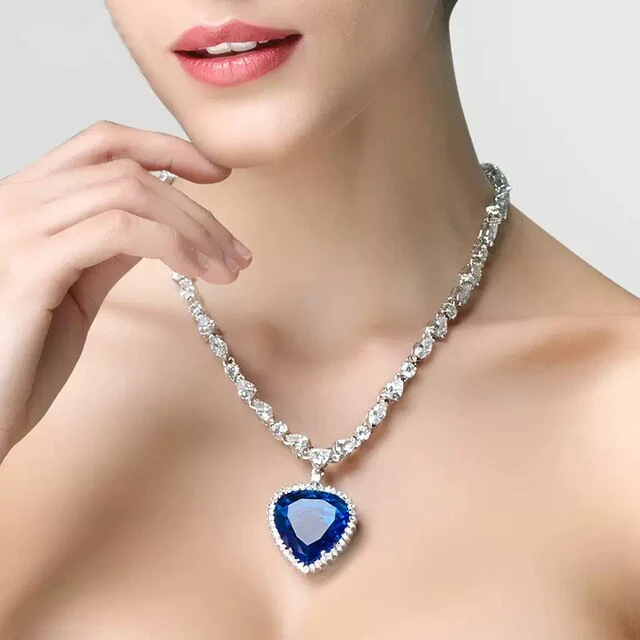 Blue Heart Crystal Necklace S925 Silver Zirconia Pendant 57cm Chain - Image 4