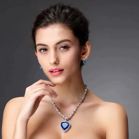 Blue Heart Crystal Necklace S925 Silver Zirconia Pendant 57cm Chain - Image 6