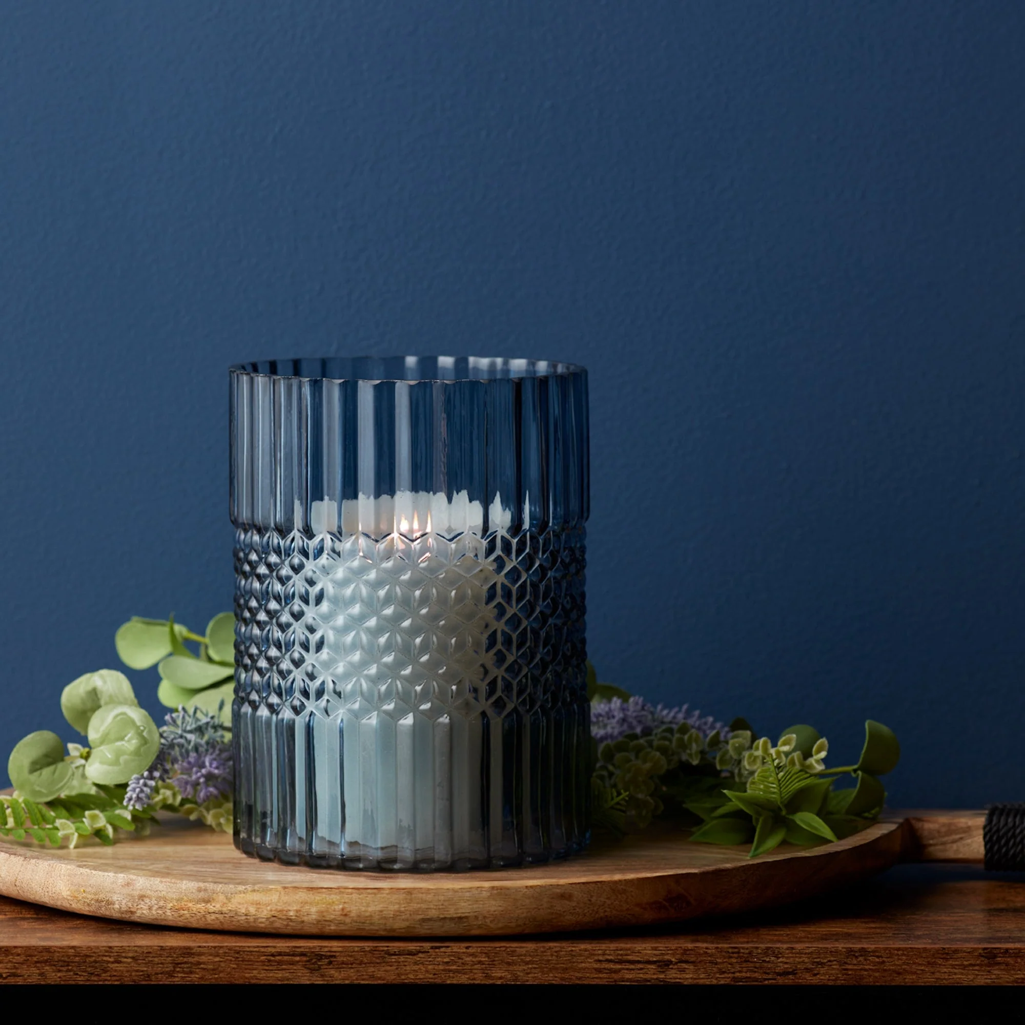 Blue Ribbed Glass Vase or Candle Holder 8"H - Image 2
