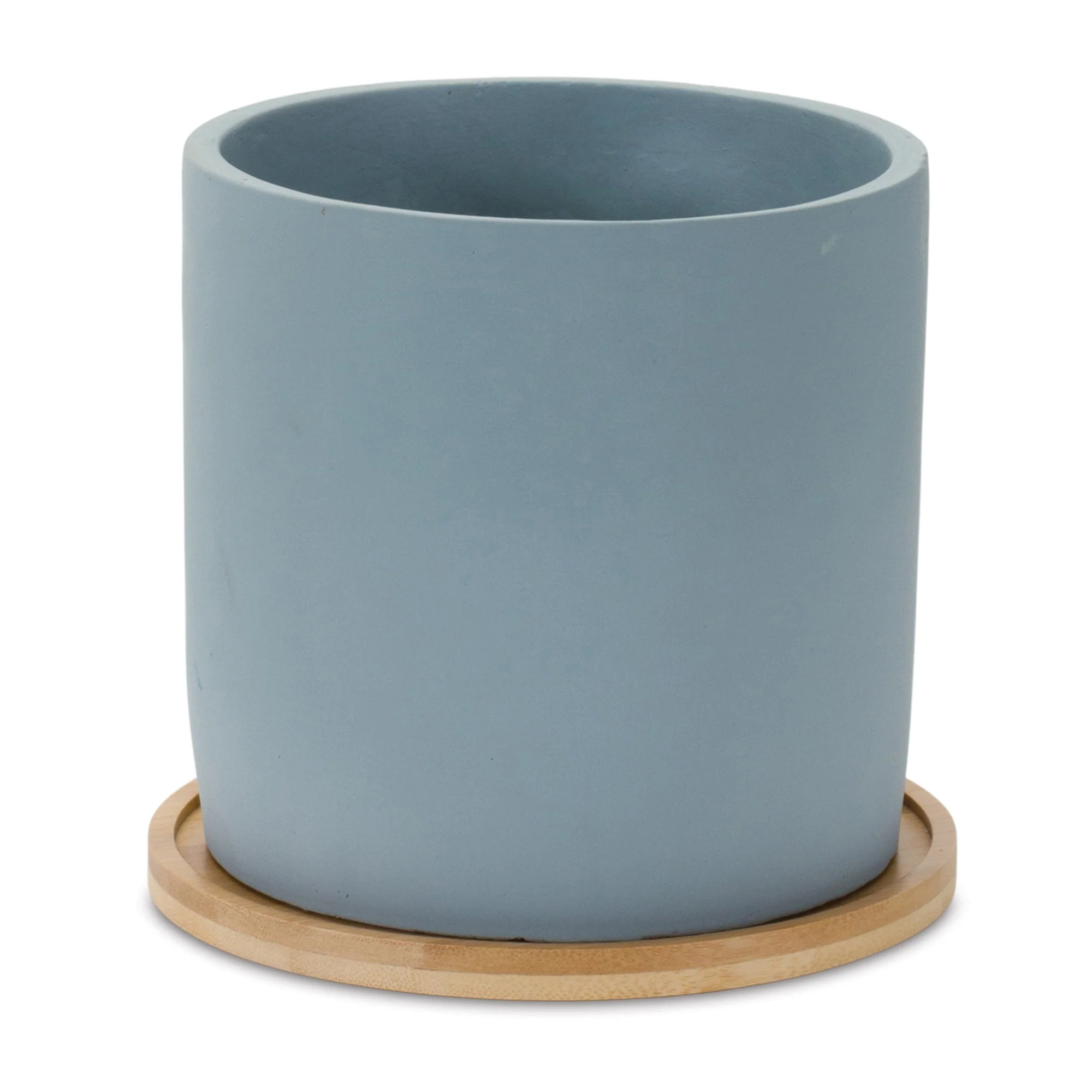 Blue stone planter with wood plate (set of 2) - Image 2