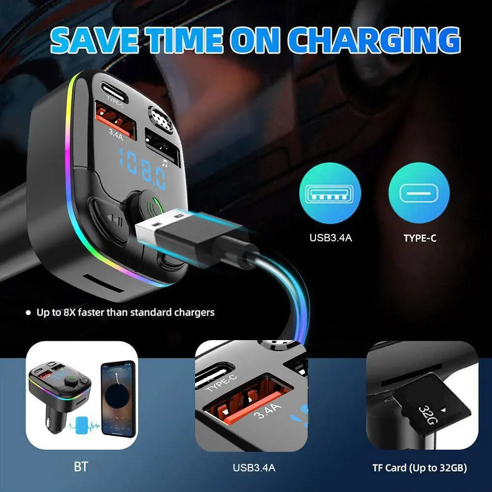 Bluetooth 5.0 FM Transmitter Car Charger with PD QC3.0 Fast Charging and Type C Adapter - Image 3