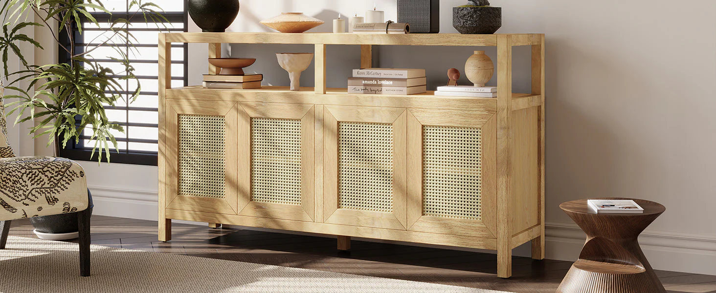 Bohemian Style Rattan Buffet Storage Cabinet with Solid Wood Frame - Image 18
