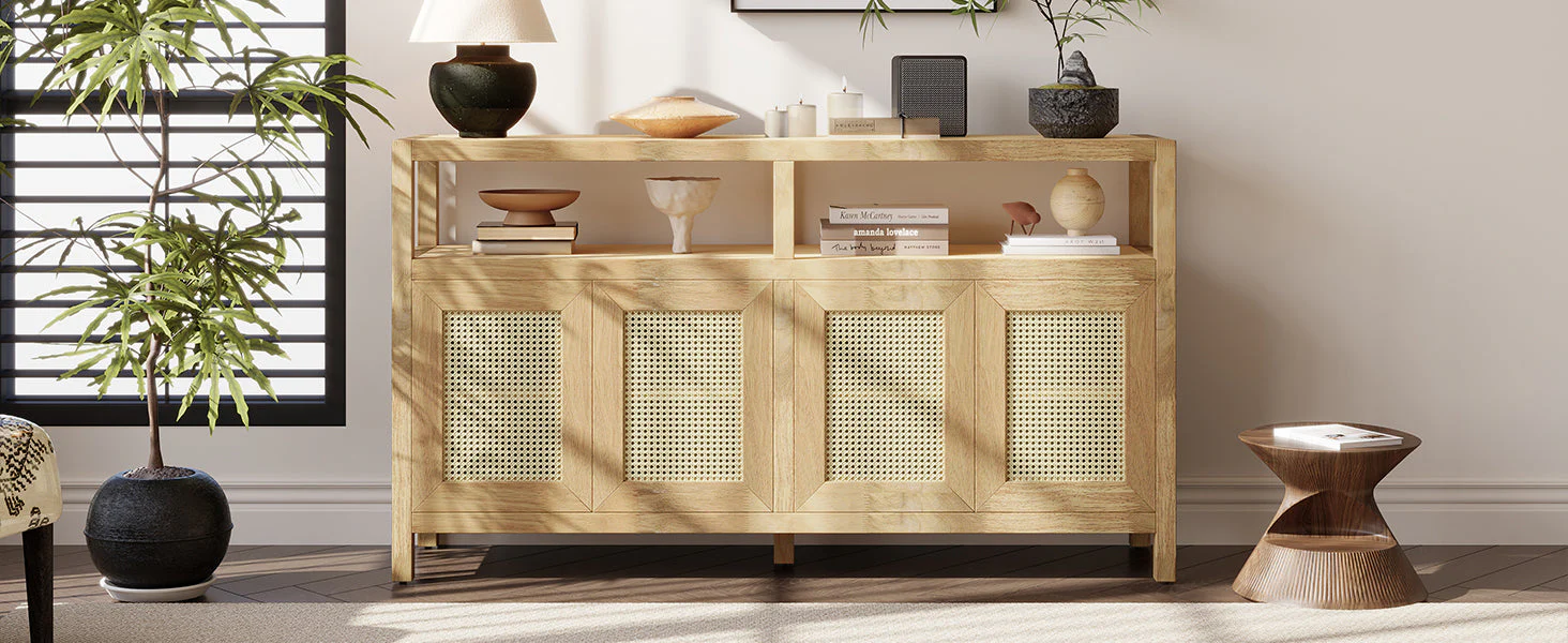 Bohemian Style Rattan Buffet Storage Cabinet with Solid Wood Frame - Image 19