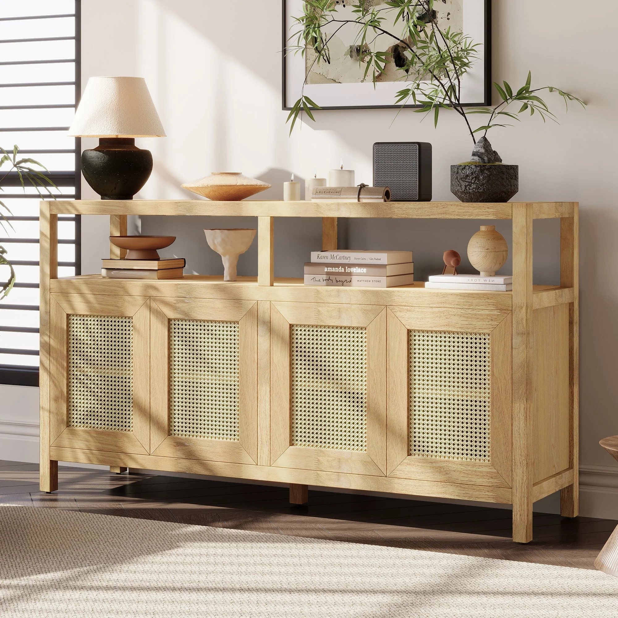 Bohemian Style Rattan Buffet Storage Cabinet with Solid Wood Frame - Image 2