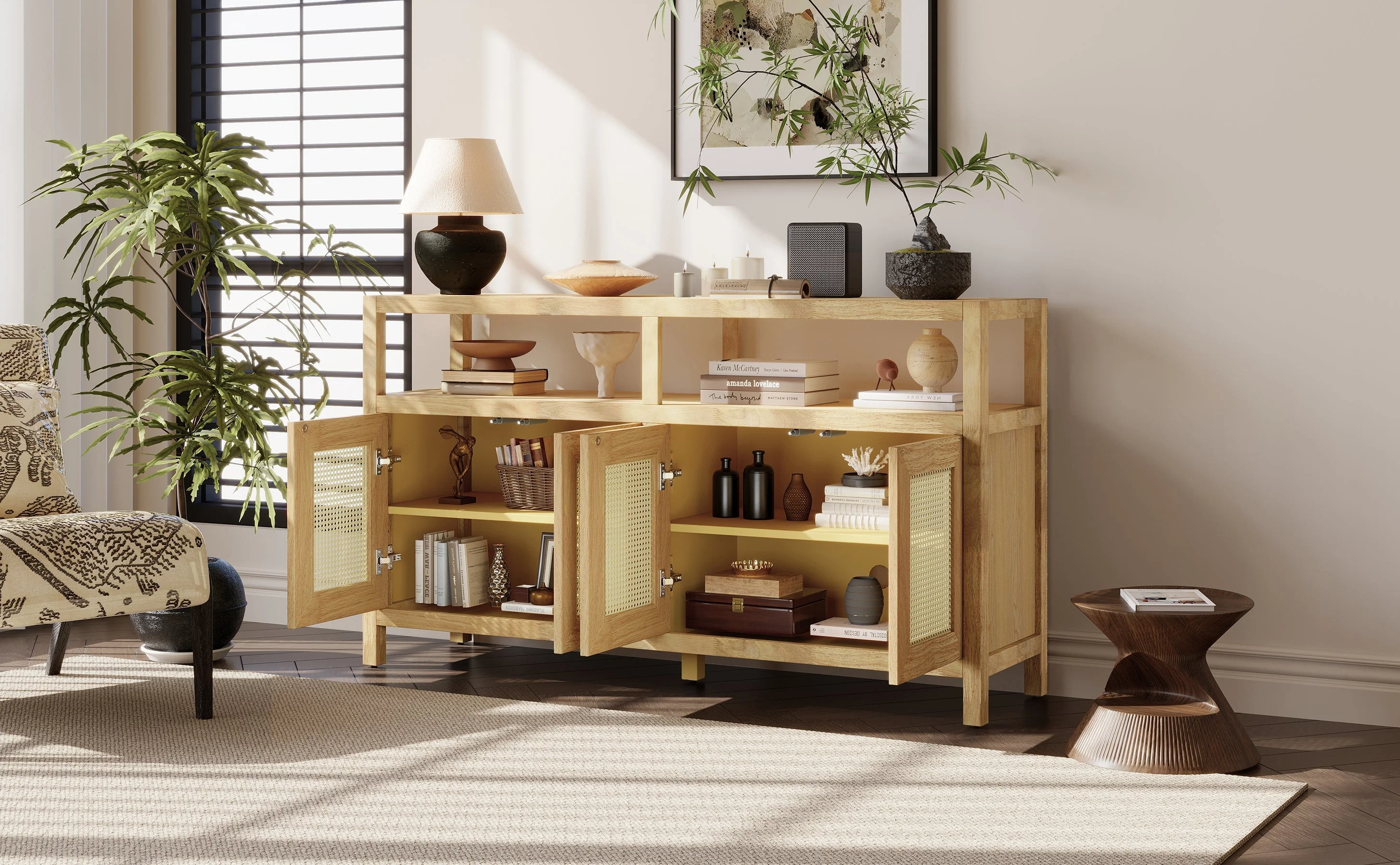 Bohemian Style Rattan Buffet Storage Cabinet with Solid Wood Frame - Image 20