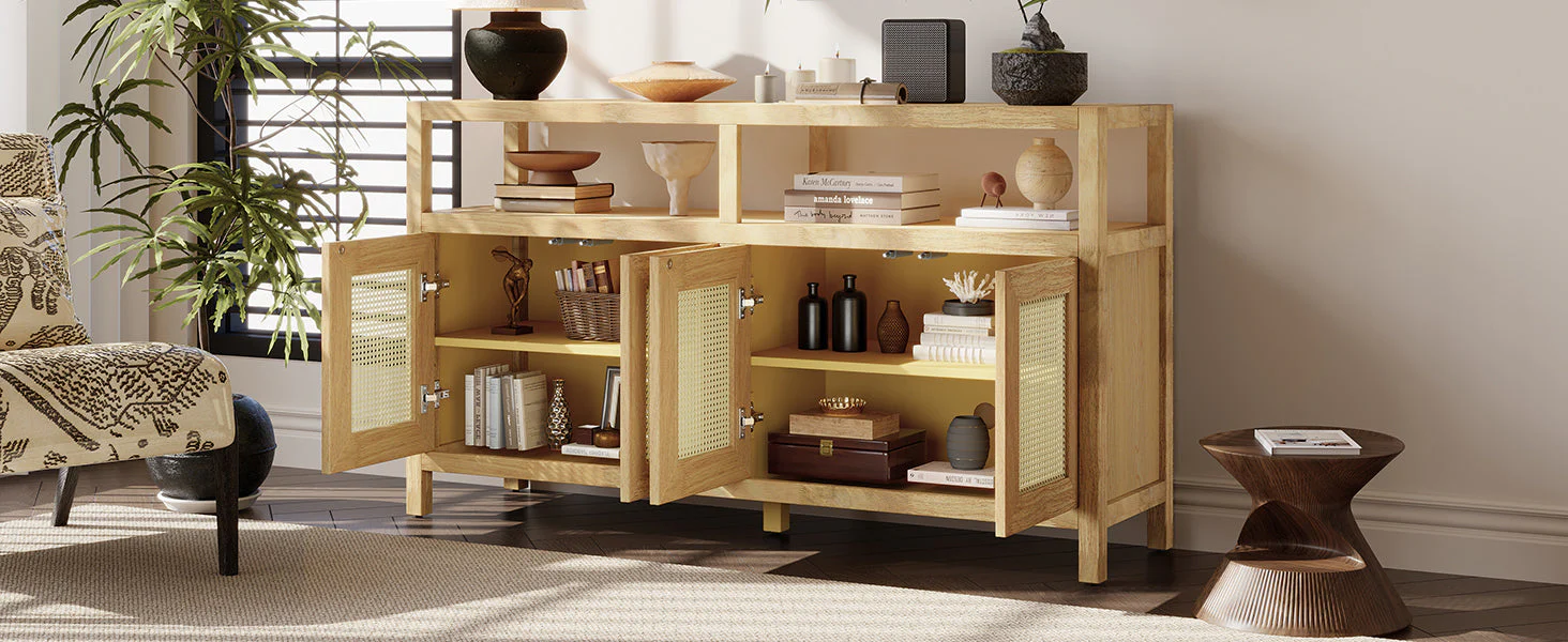 Bohemian Style Rattan Buffet Storage Cabinet with Solid Wood Frame - Image 21