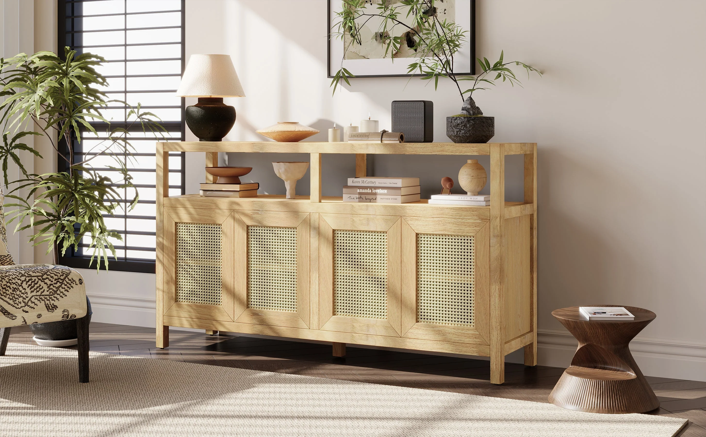 Bohemian Style Rattan Buffet Storage Cabinet with Solid Wood Frame - Image 23
