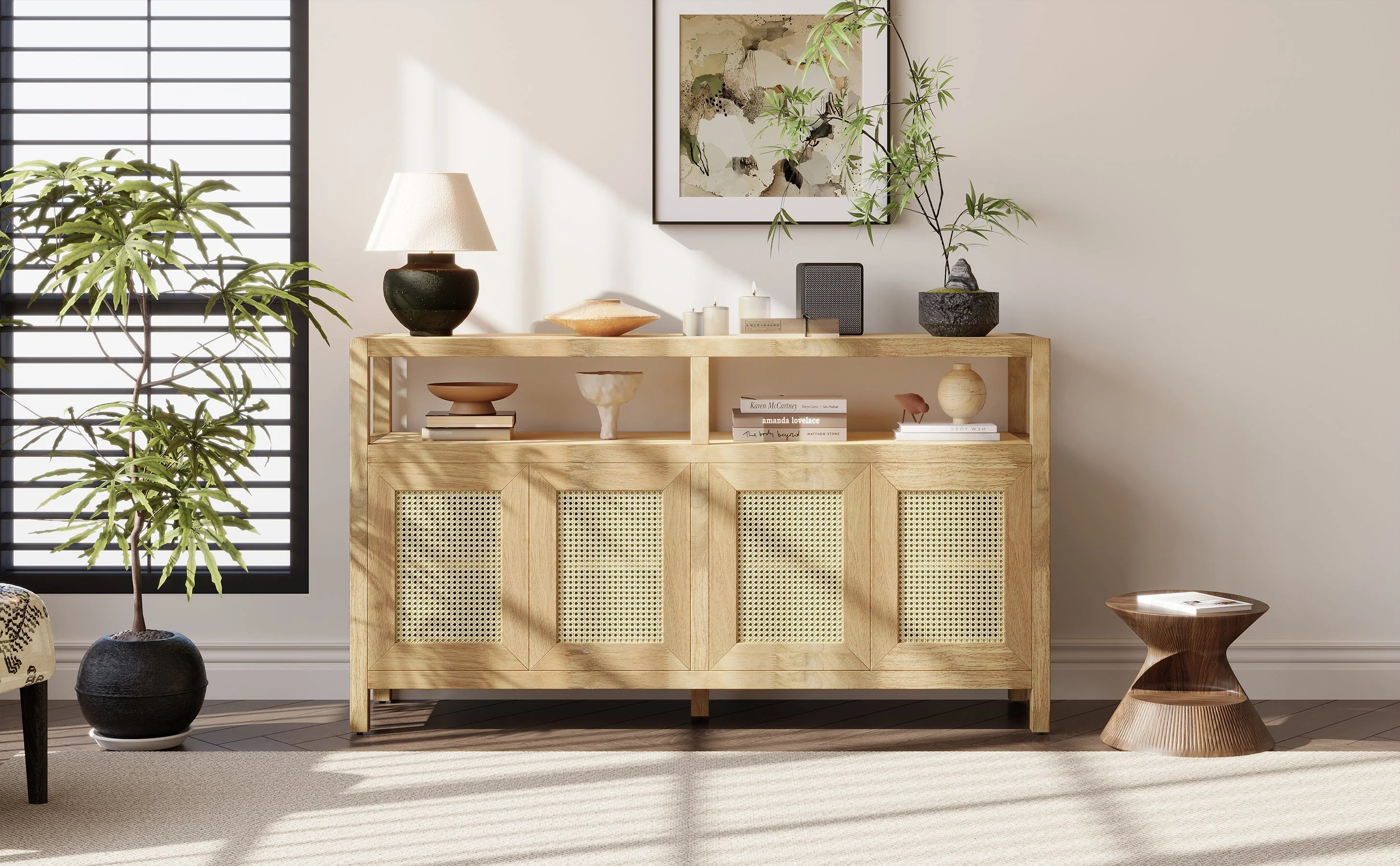 Bohemian Style Rattan Buffet Storage Cabinet with Solid Wood Frame - Image 24