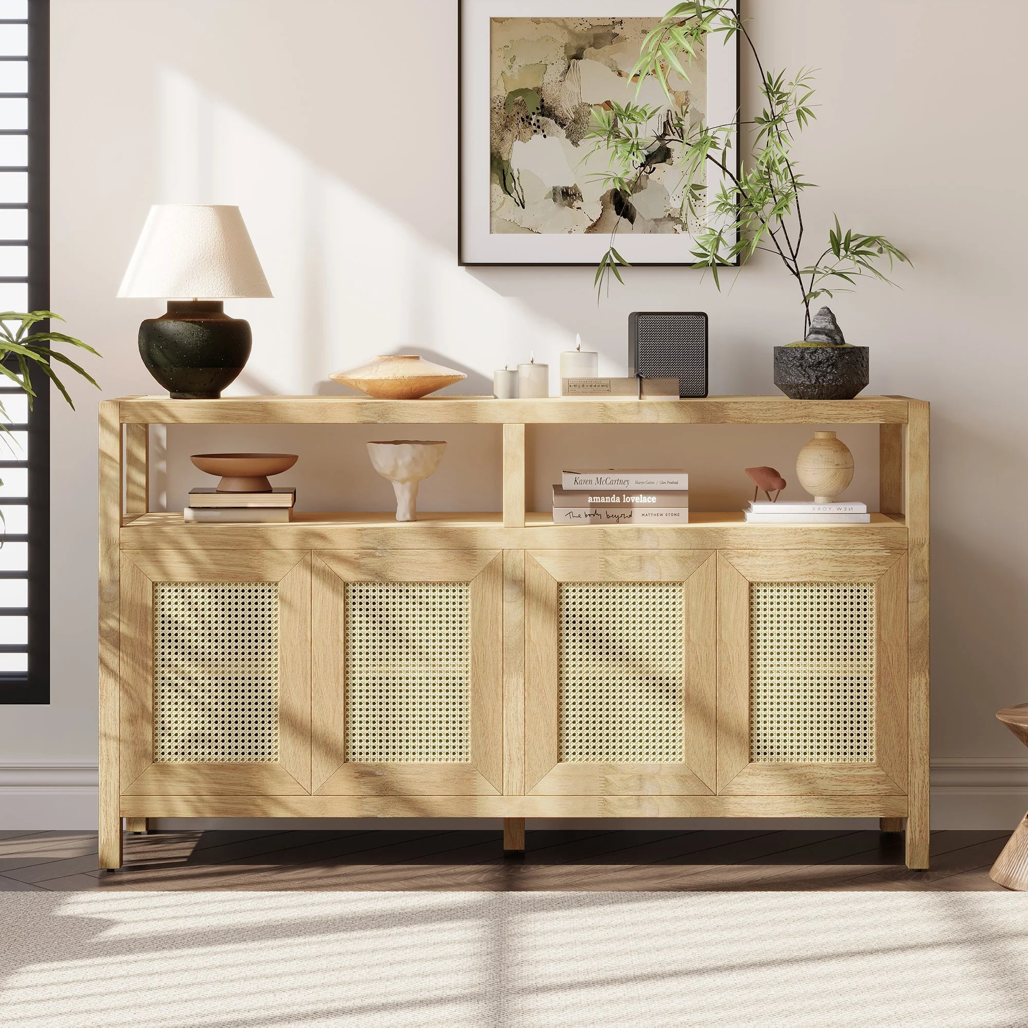 Bohemian Style Rattan Buffet Storage Cabinet with Solid Wood Frame - Image 3